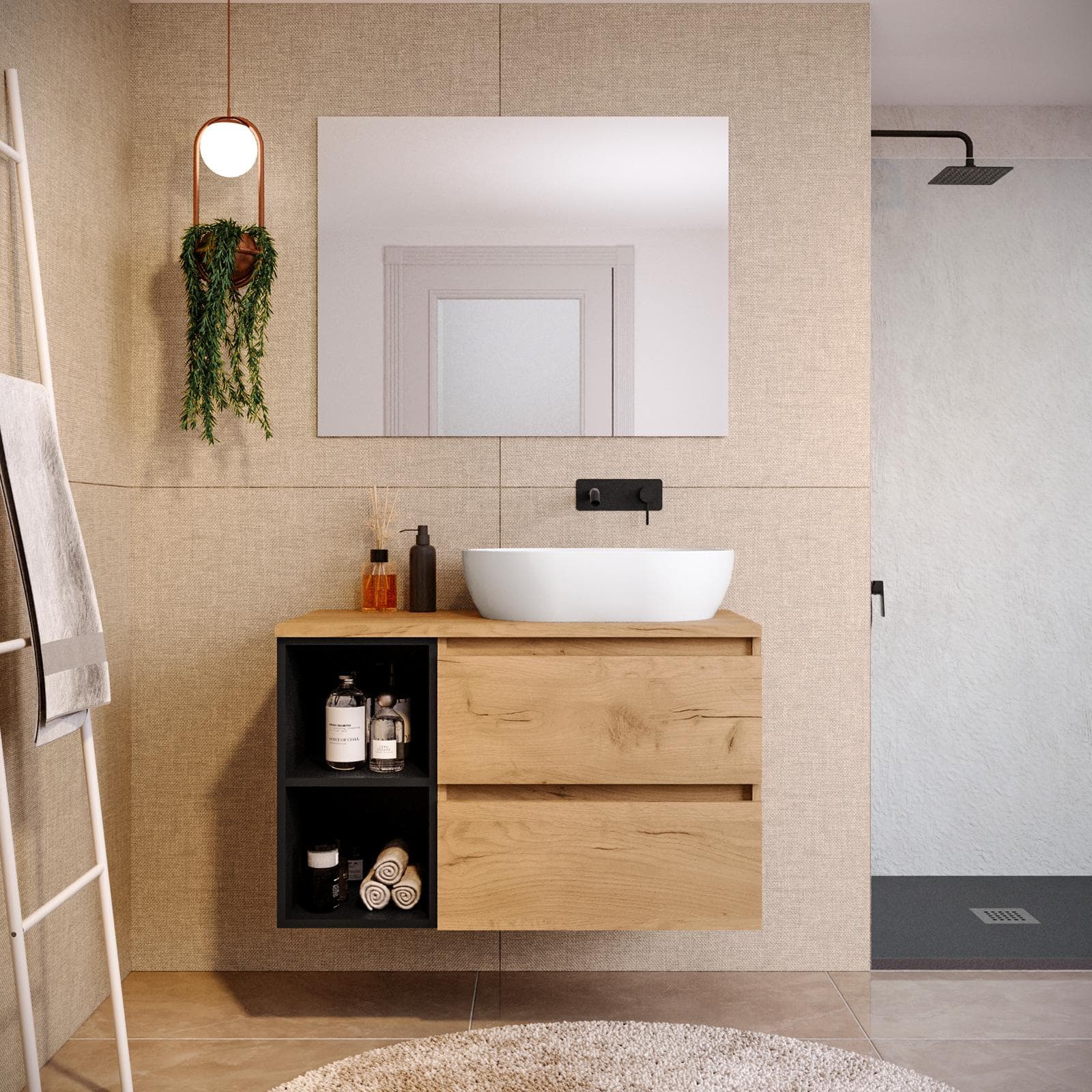 Mobile bagno portalavabo 90 cm rovere gold con vano a giorno nero opaco e specchio - Anami