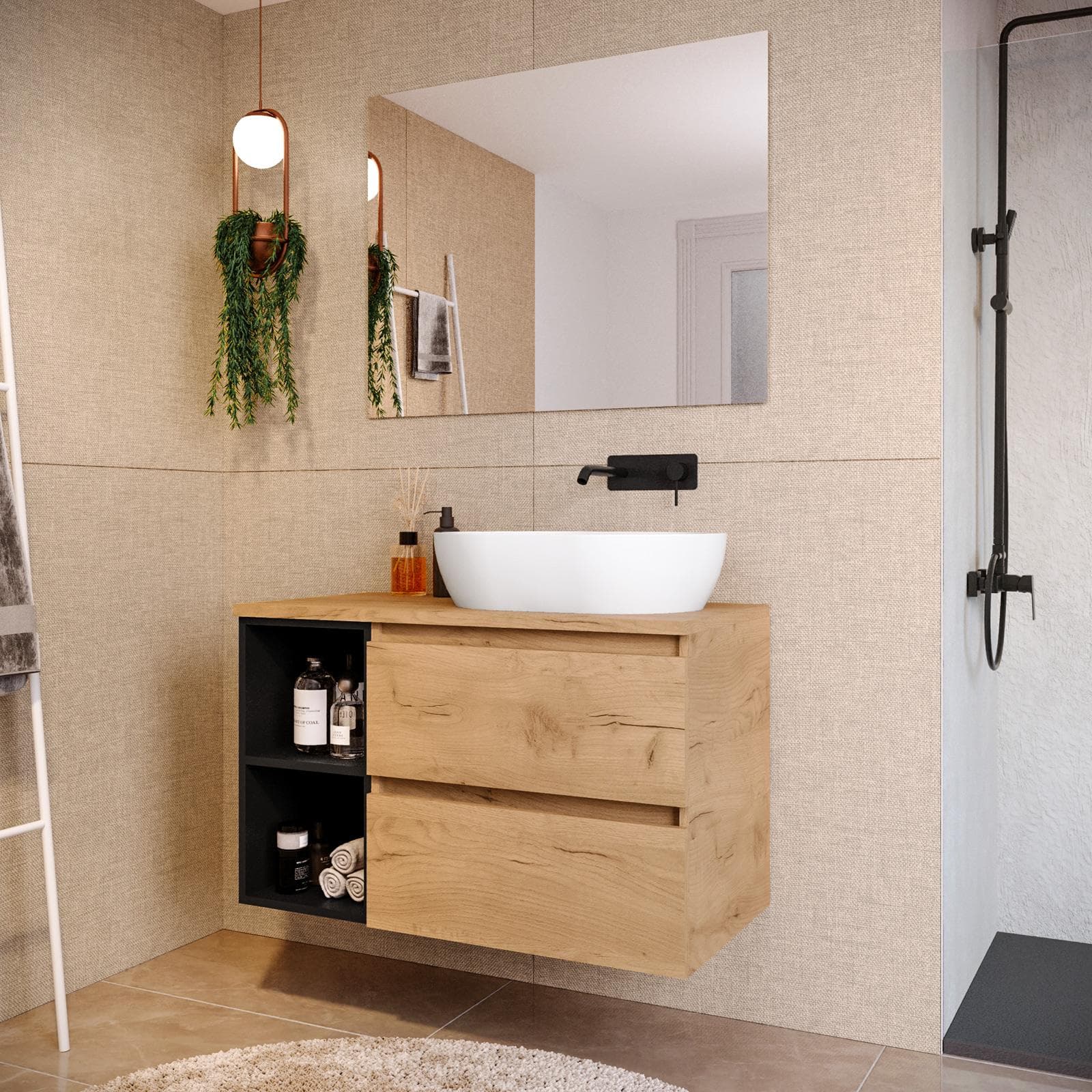 Mobile bagno portalavabo 90 cm rovere gold con vano a giorno nero opaco e specchio - Anami