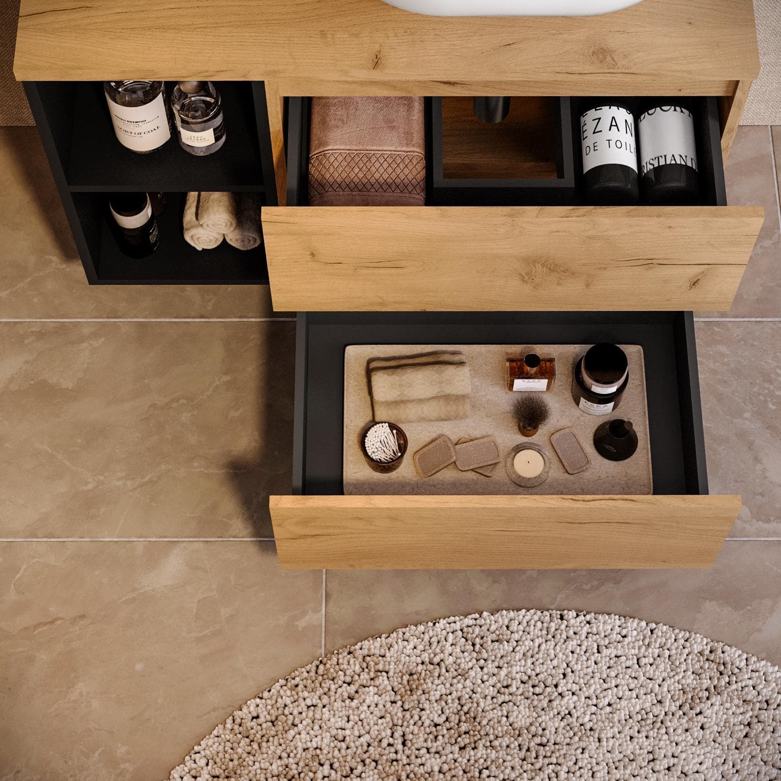 Mobile bagno portalavabo 90 cm rovere gold con vano a giorno nero opaco e specchio - Anami