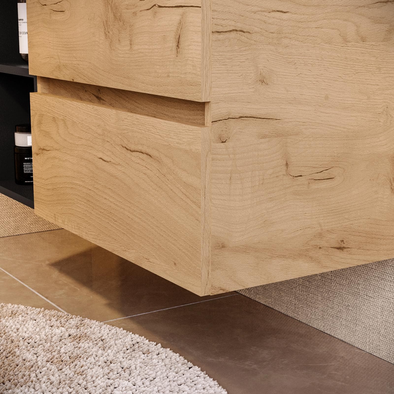 Mobile bagno portalavabo 90 cm rovere gold con vano a giorno nero opaco e specchio - Anami