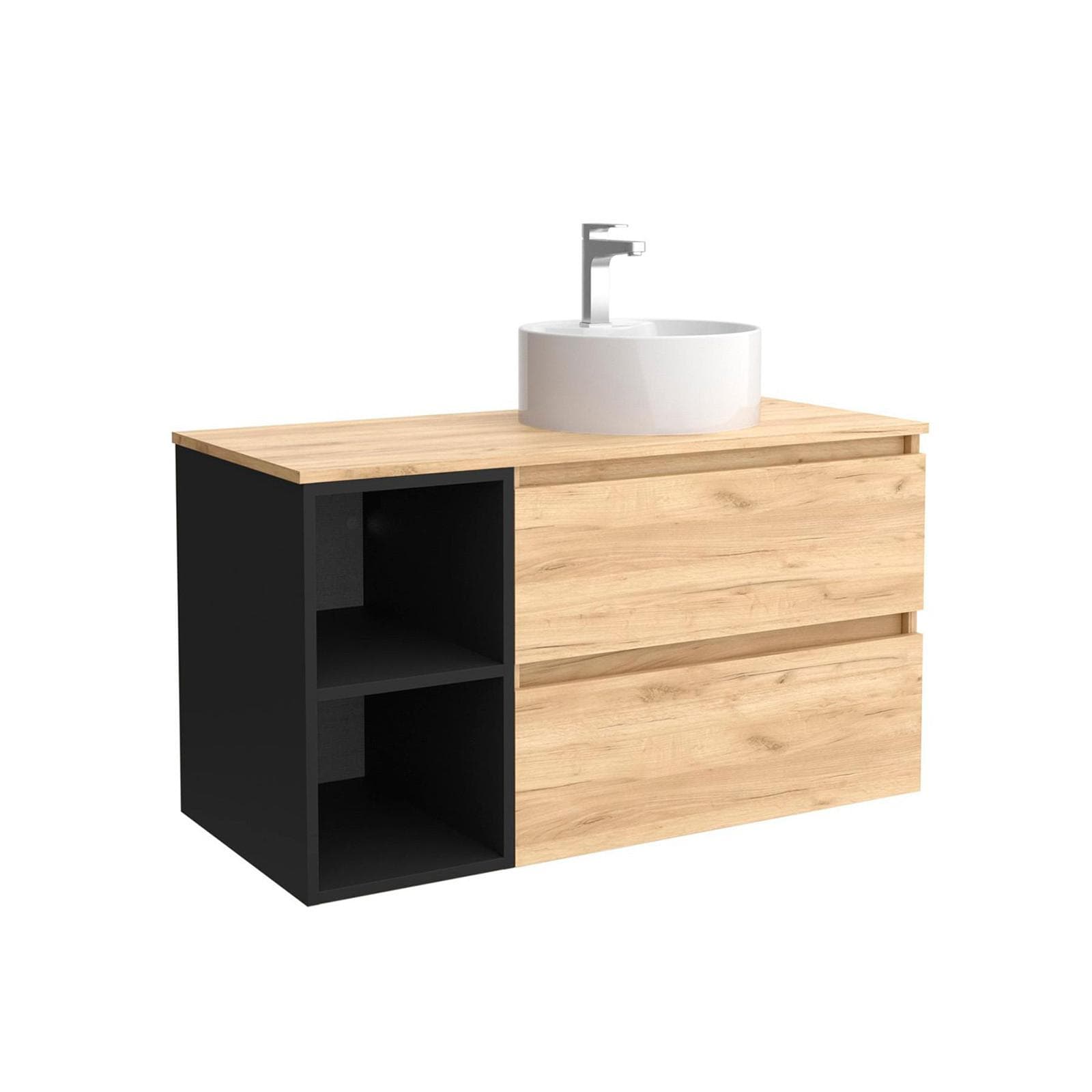 Mobile bagno portalavabo 90 cm rovere gold con vano a giorno nero opaco e specchio - Anami