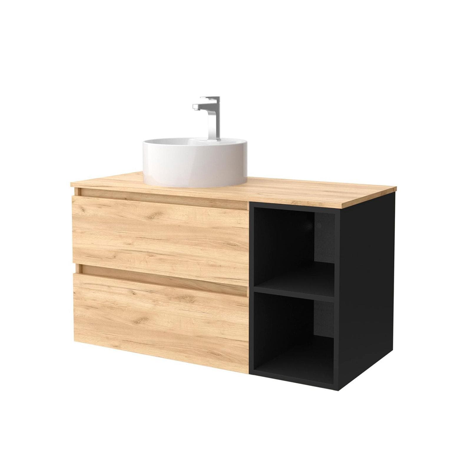 Mobile bagno portalavabo 90 cm rovere gold con vano a giorno nero opaco e specchio - Anami