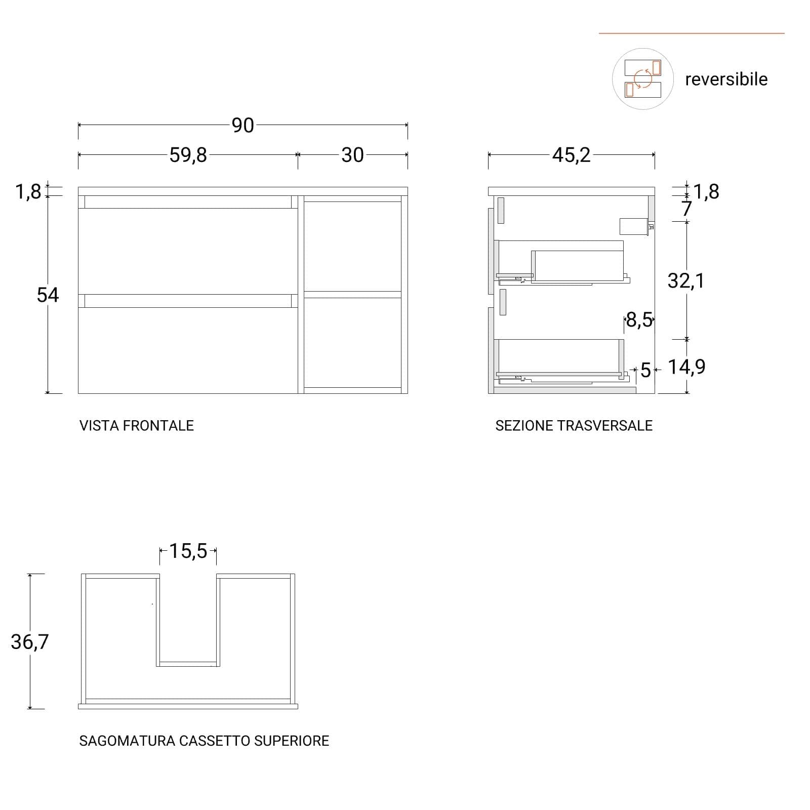 Mobile bagno portalavabo 90 cm rovere gold con vano a giorno nero opaco e specchio - Anami