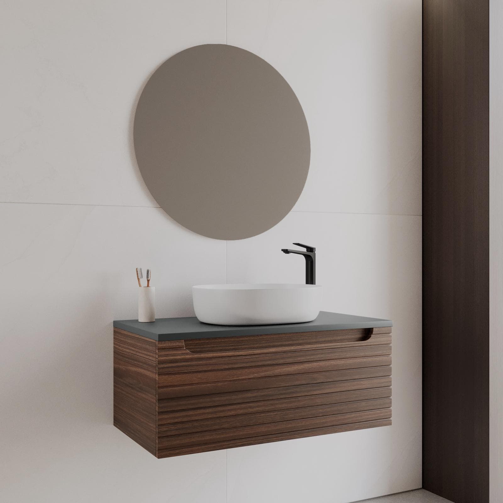 Mobile bagno sospeso 90 cm rovere deciso cannettato con top antracite e specchio - Deck