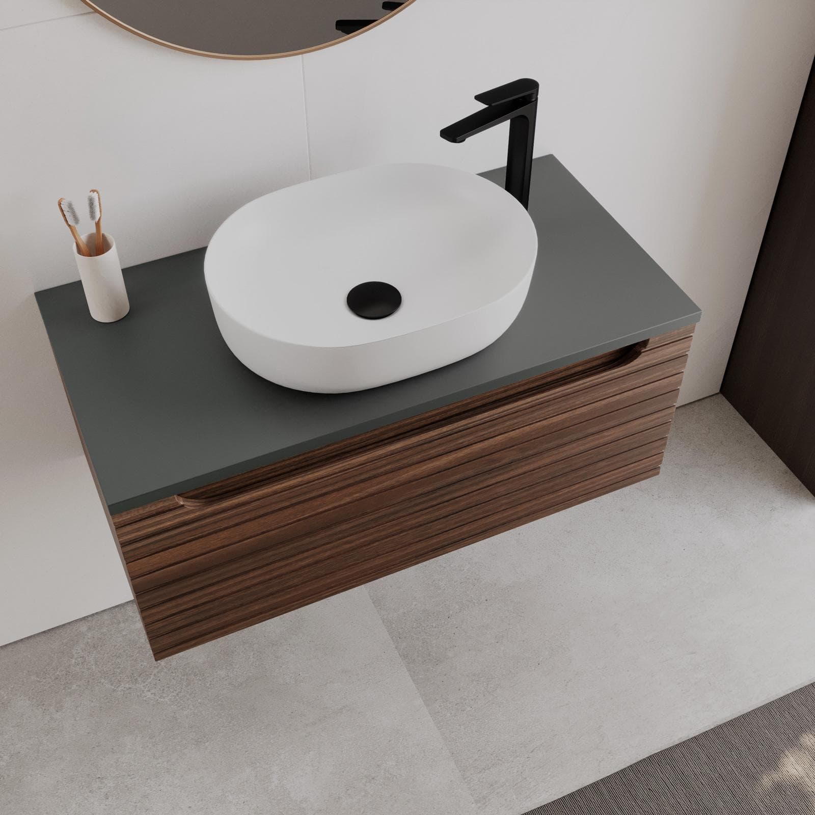 Mobile bagno sospeso 90 cm rovere deciso cannettato con top antracite e specchio - Deck