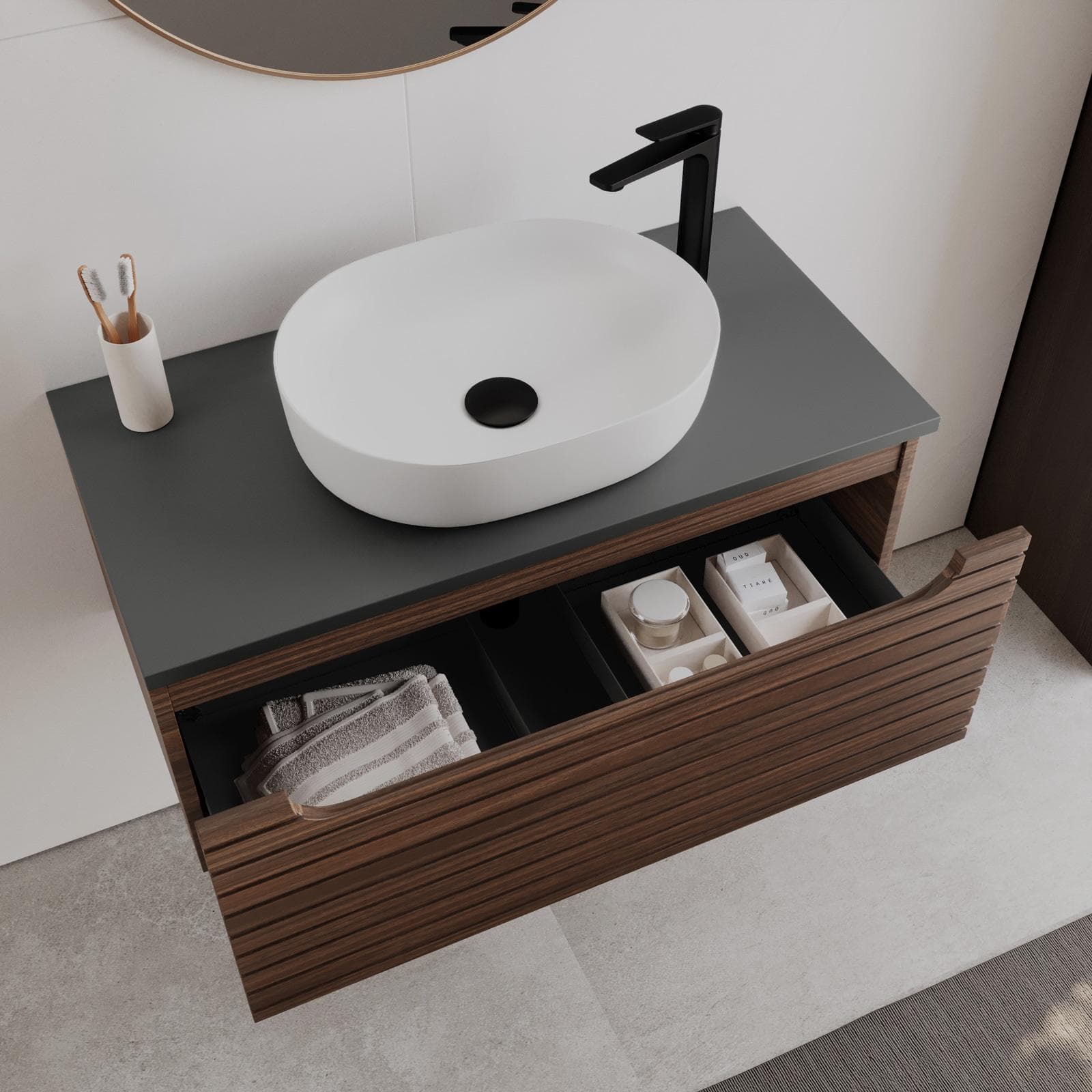 Mobile bagno sospeso 90 cm rovere deciso cannettato con top antracite e specchio - Deck