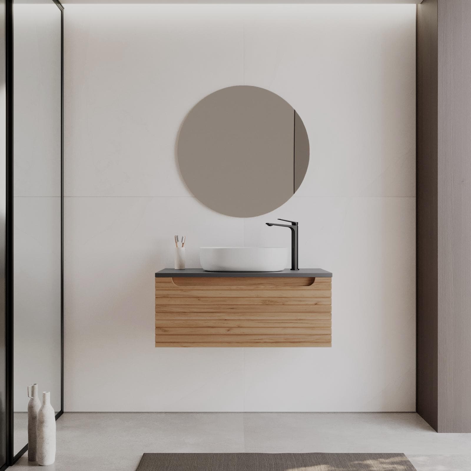 Mobile bagno sospeso 90 cm rovere gold cannettato con top antracite e specchio - Deck