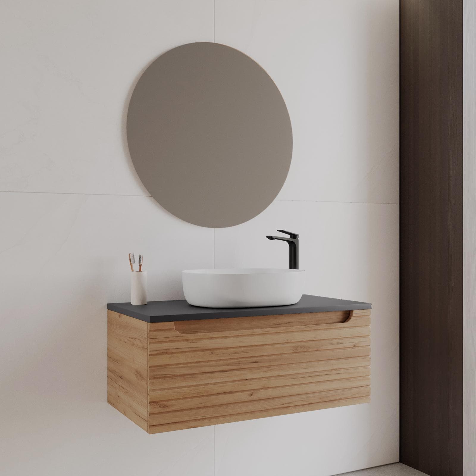 Mobile bagno sospeso 90 cm rovere gold cannettato con top antracite e specchio - Deck