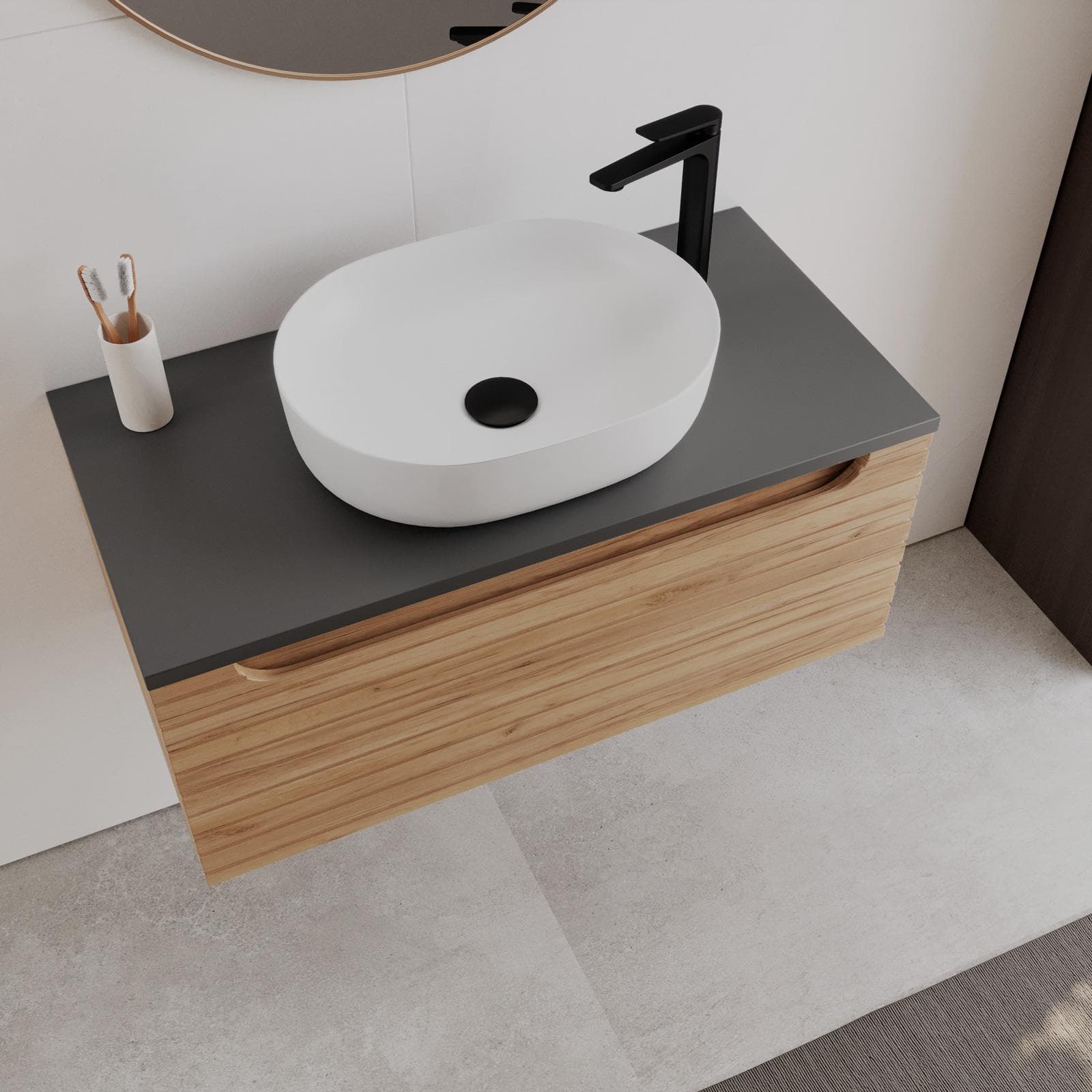 Mobile bagno sospeso 90 cm rovere gold cannettato con top antracite e specchio - Deck