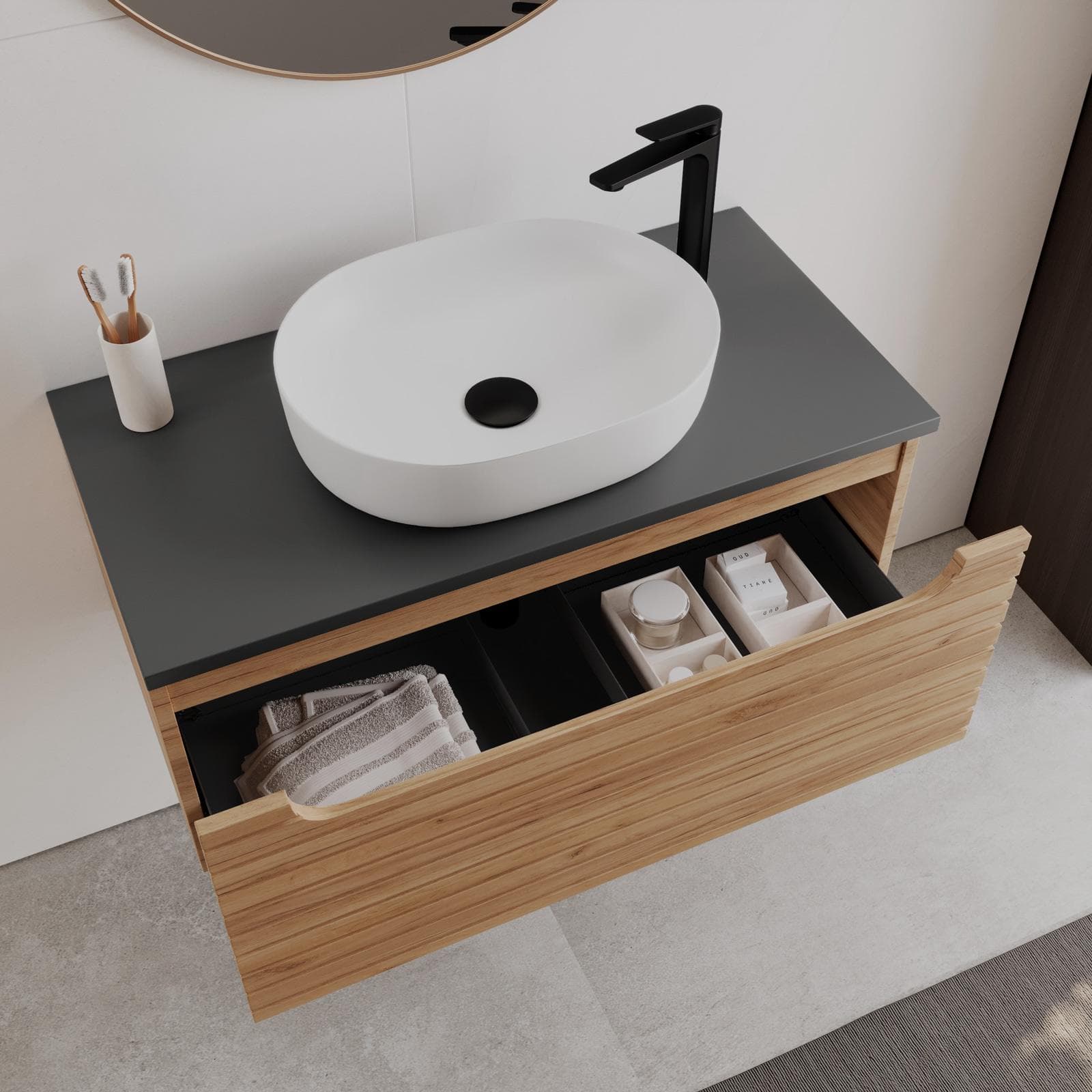 Mobile bagno sospeso 90 cm rovere gold cannettato con top antracite e specchio - Deck