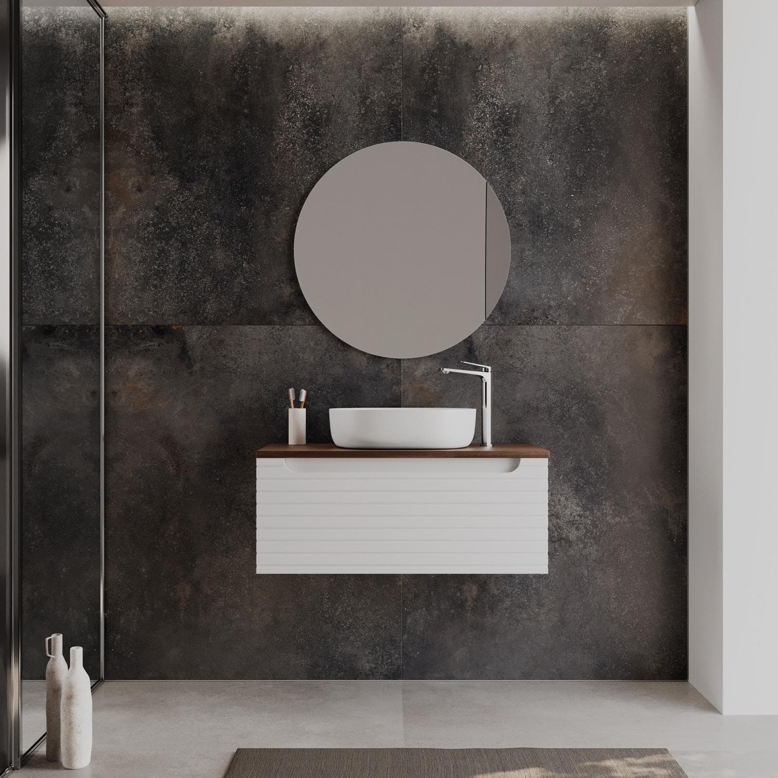 Mobile bagno sospeso 90 cm bianco opaco cannettato con cassetto e top rovere deciso con specchio - Deck