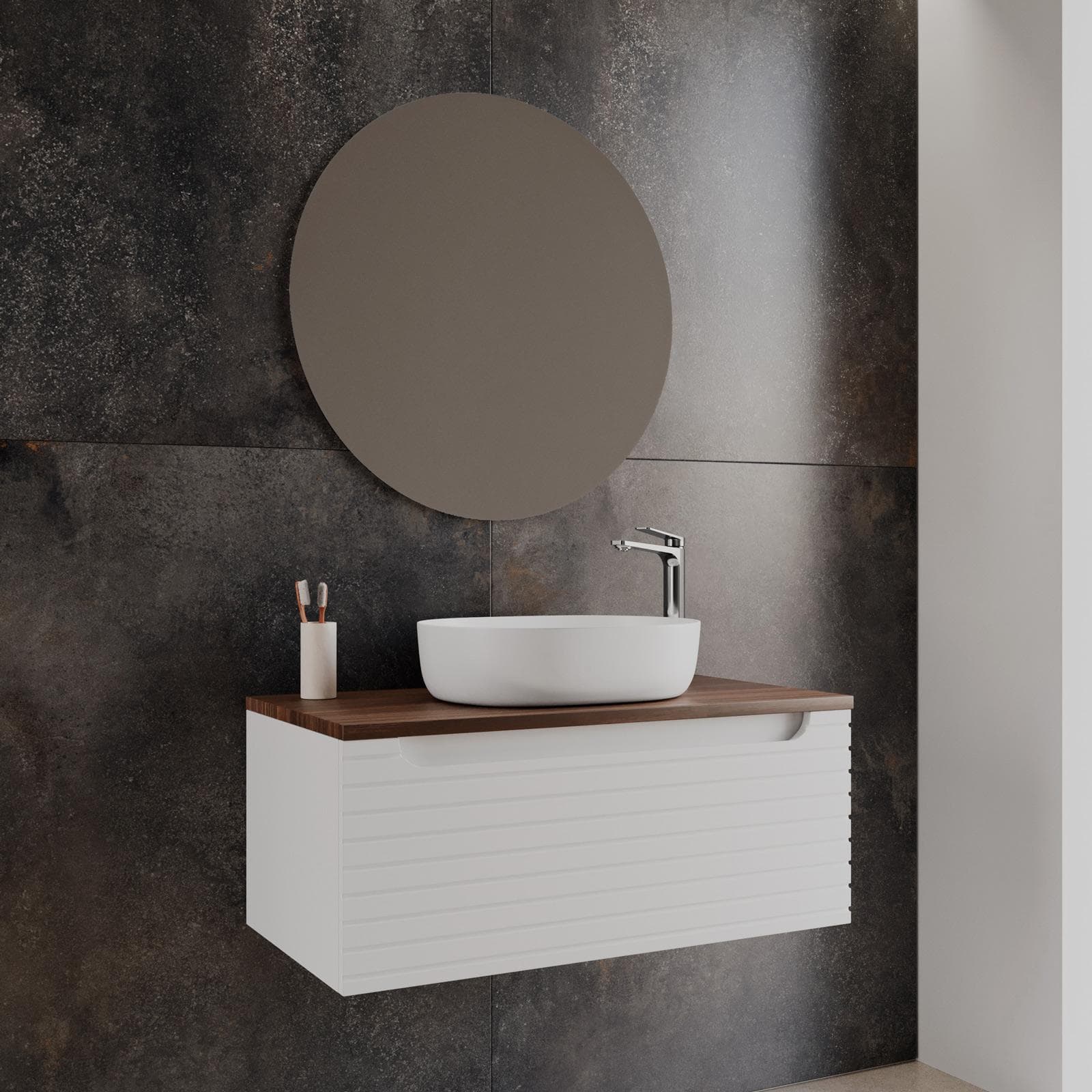 Mobile bagno sospeso 90 cm bianco opaco cannettato con cassetto e top rovere deciso con specchio - Deck