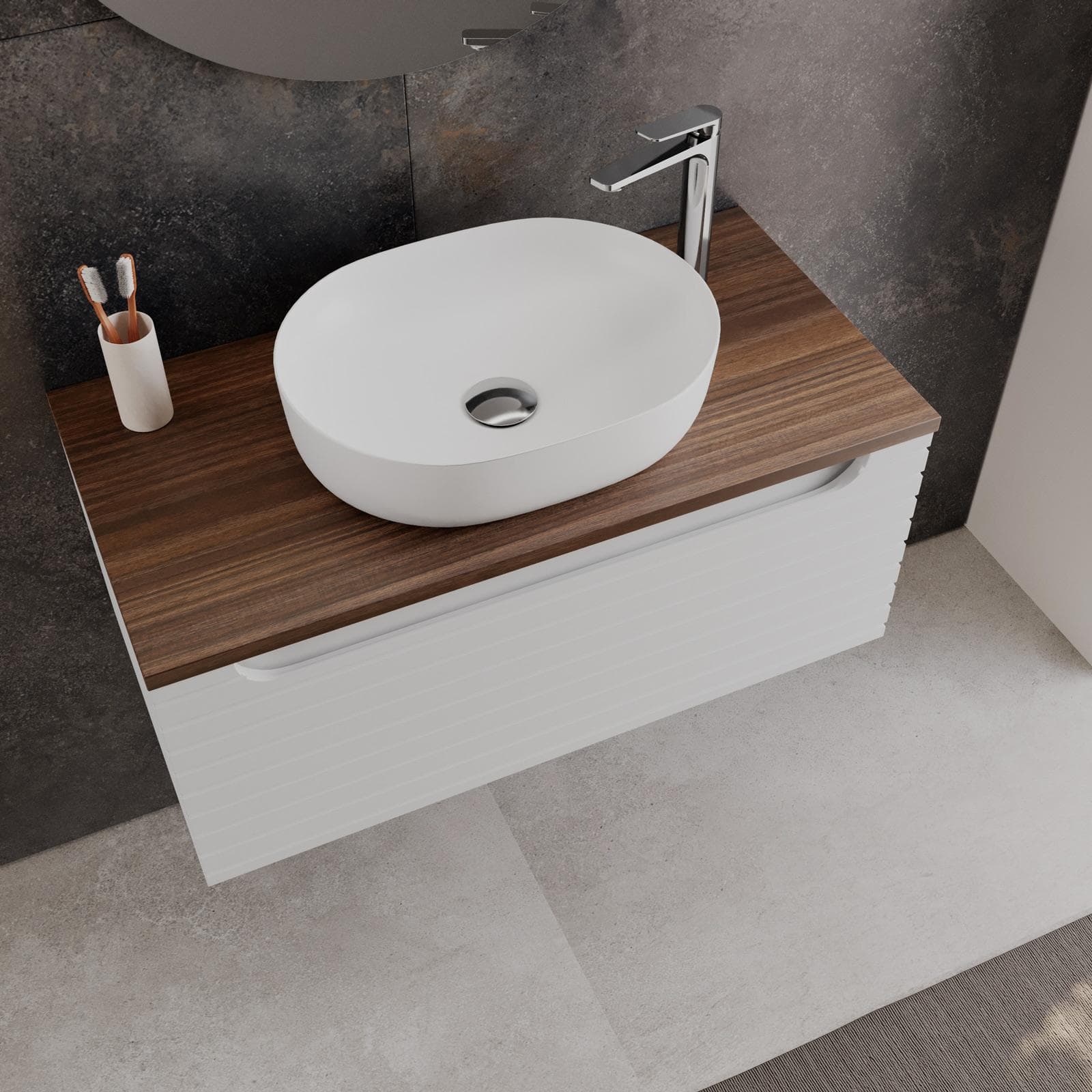 Mobile bagno sospeso 90 cm bianco opaco cannettato con cassetto e top rovere deciso con specchio - Deck