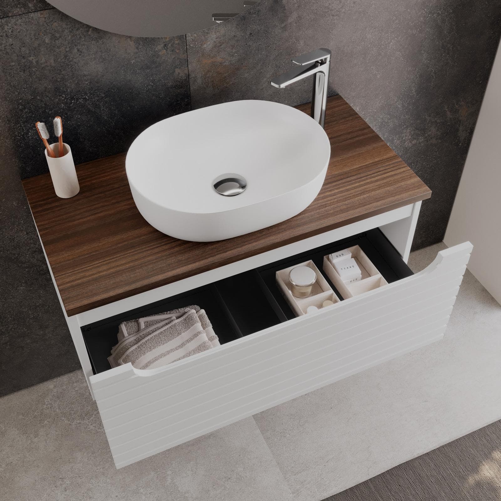 Mobile bagno sospeso 90 cm bianco opaco cannettato con cassetto e top rovere deciso con specchio - Deck