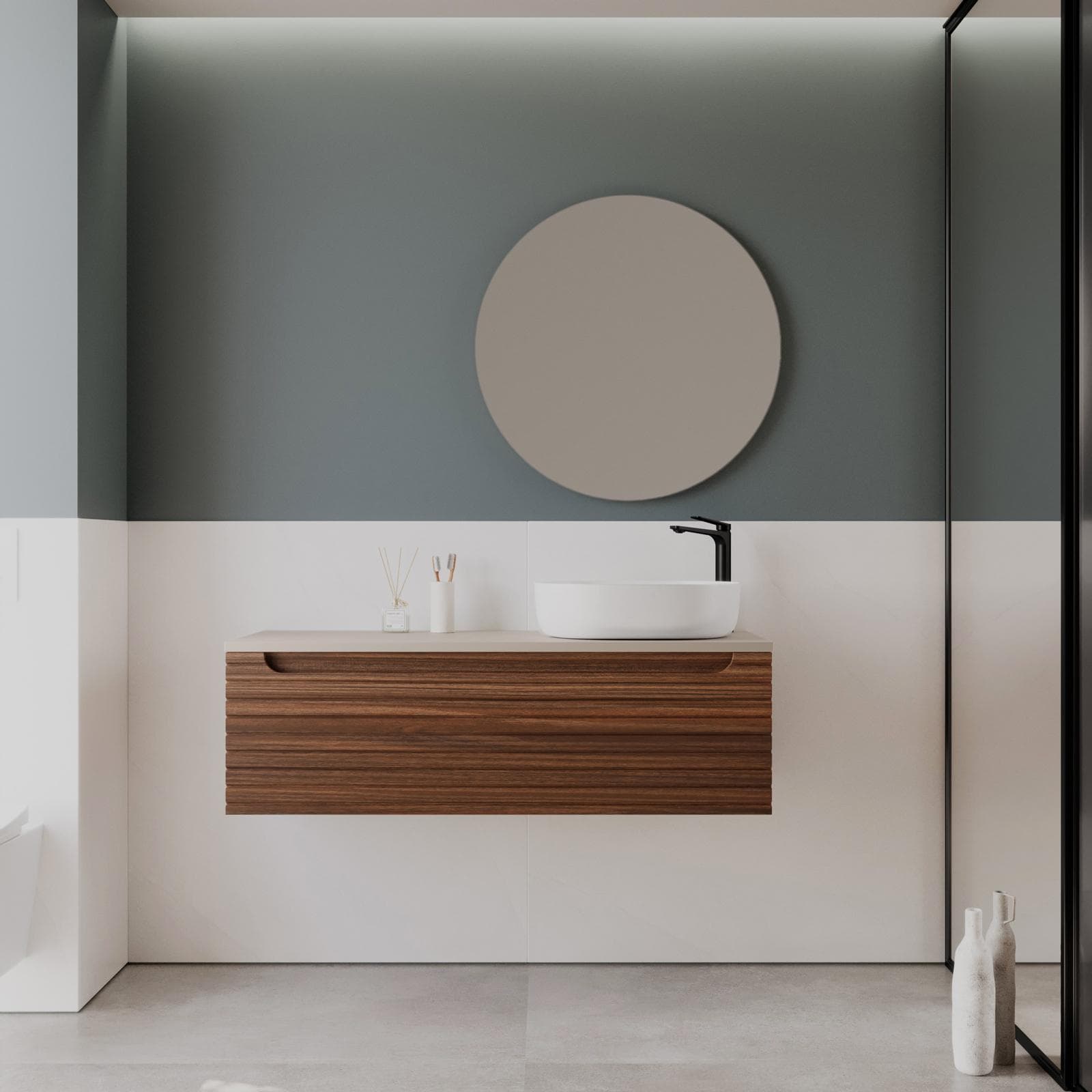 Mobile bagno portalavabo dx 120 cm con cassetto rovere deciso e top cashmere con specchio - Deck