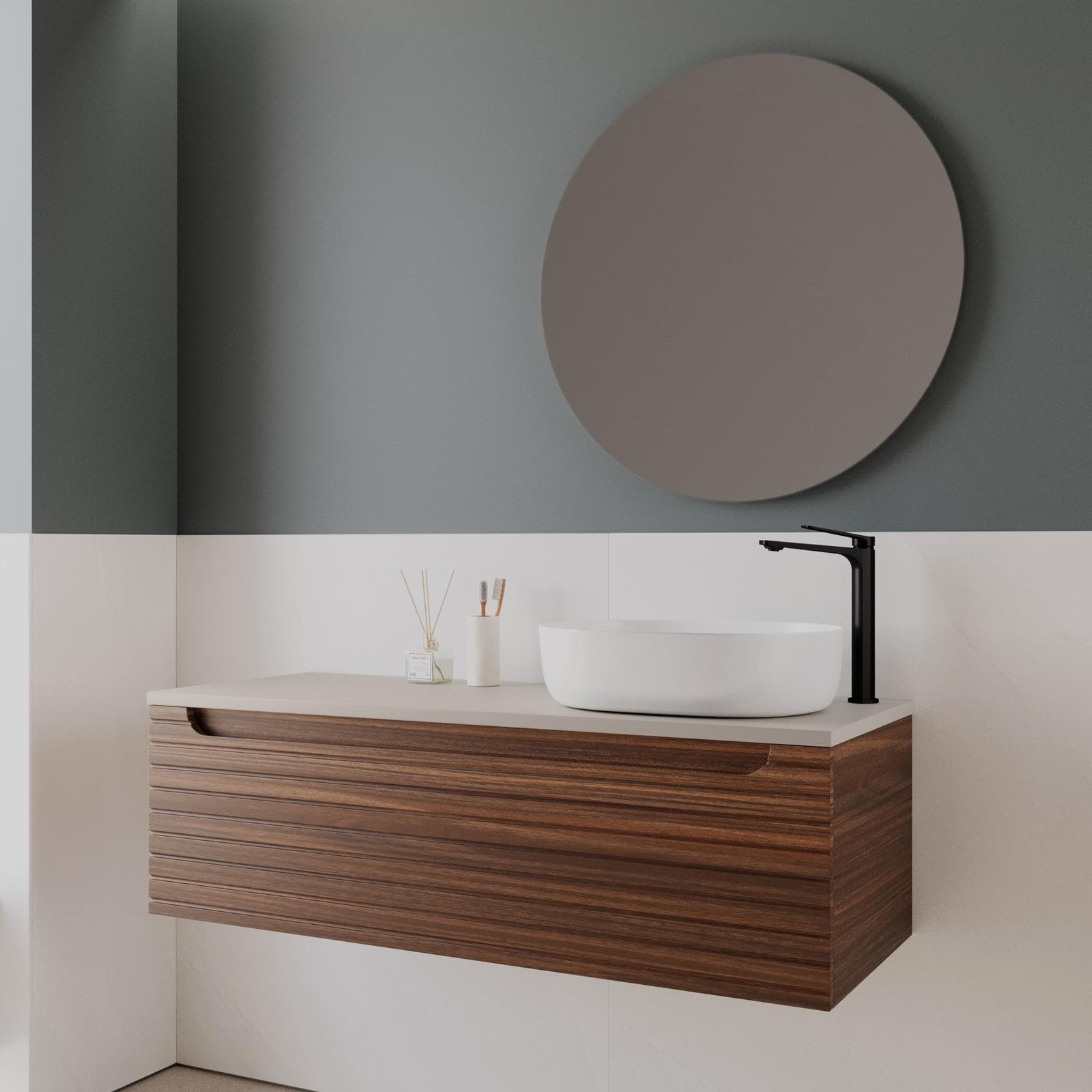 Mobile bagno portalavabo dx 120 cm con cassetto rovere deciso e top cashmere con specchio - Deck