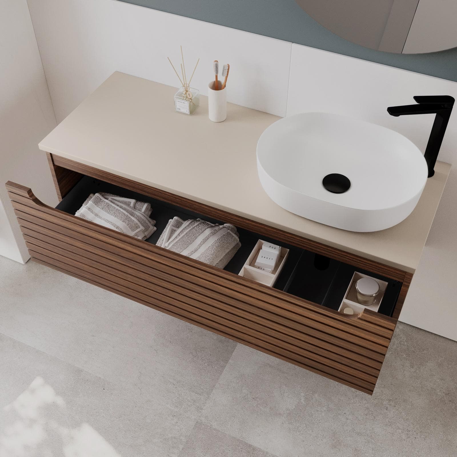 Mobile bagno portalavabo dx 120 cm con cassetto rovere deciso e top cashmere con specchio - Deck