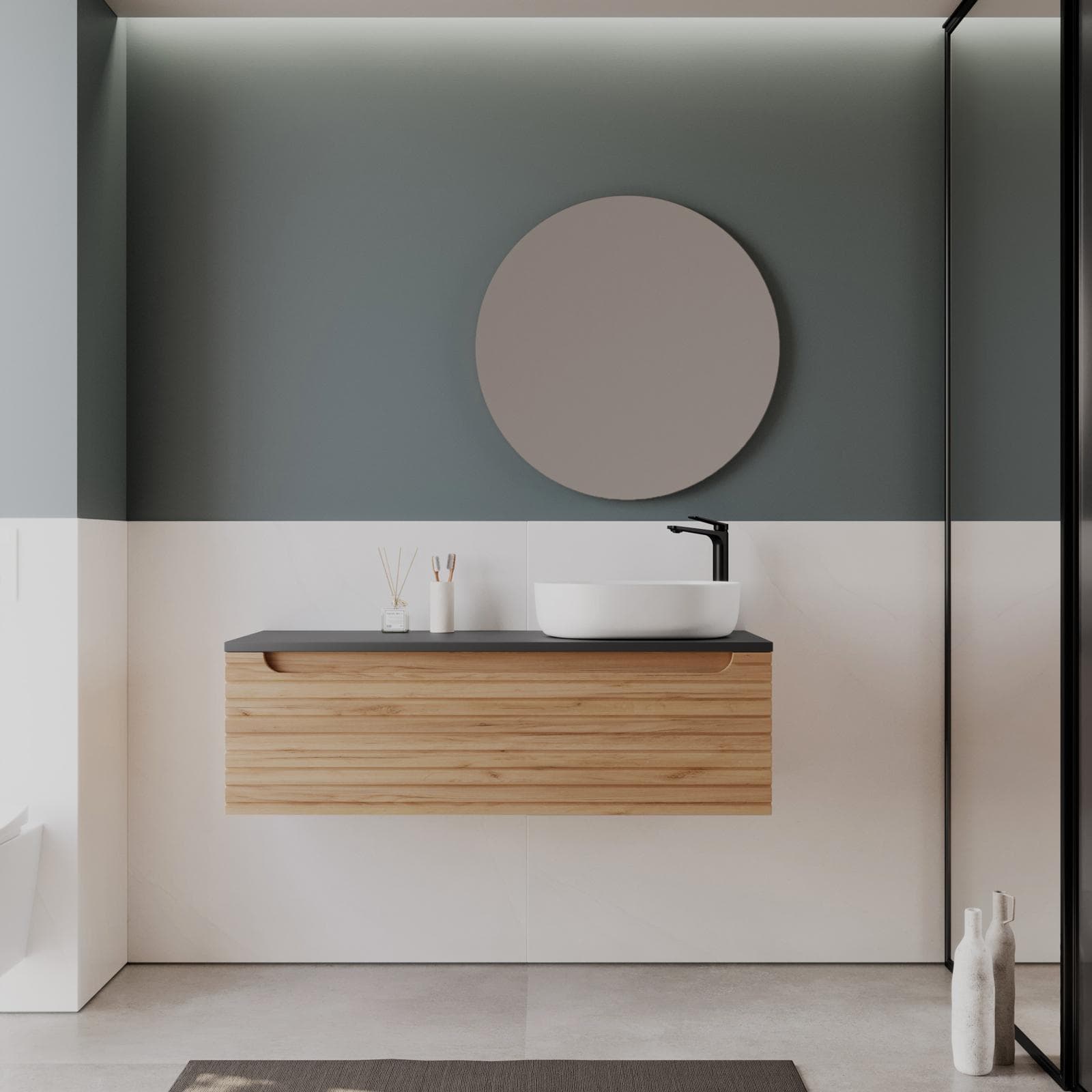 Mobile bagno portalavabo dx 120 cm rovere gold con top antracite e specchio - Deck