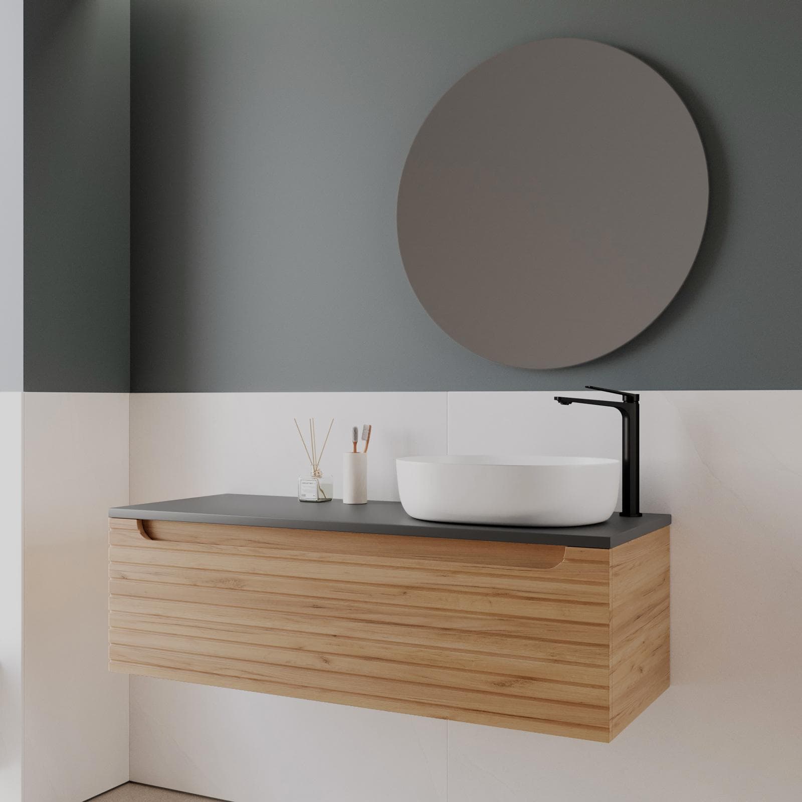 Mobile bagno portalavabo dx 120 cm rovere gold con top antracite e specchio - Deck