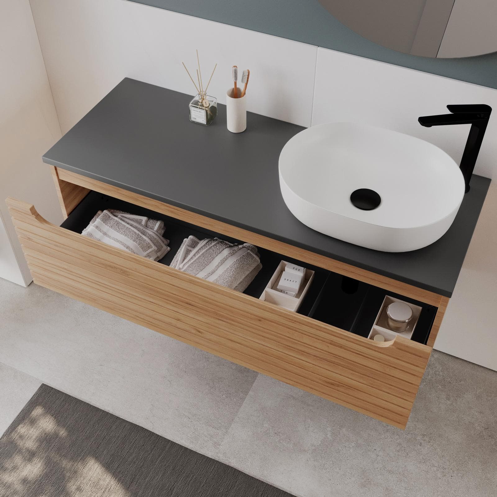 Mobile bagno portalavabo dx 120 cm rovere gold con top antracite e specchio - Deck