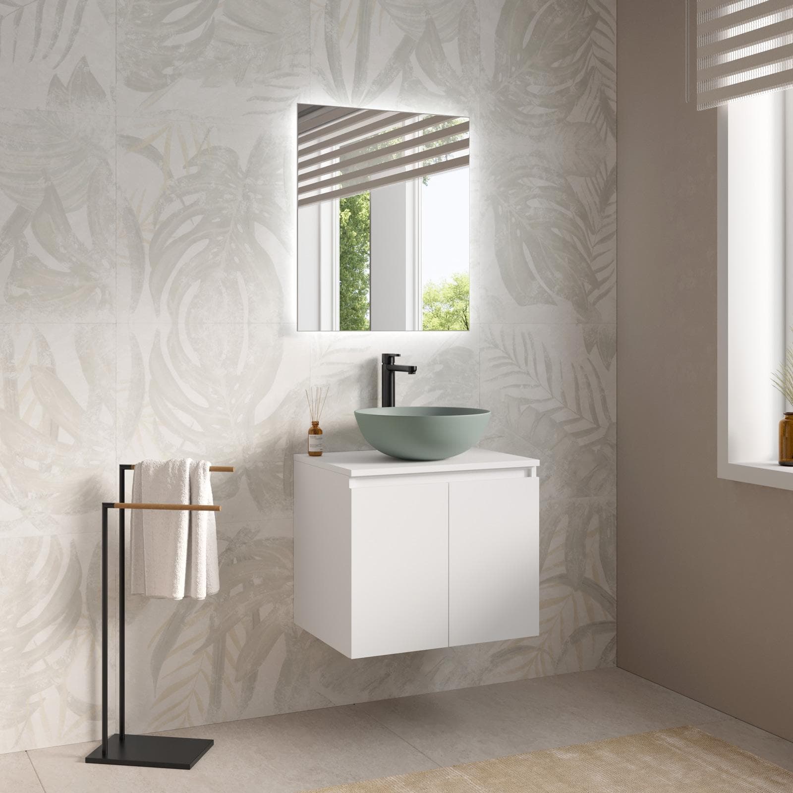 Mobile bagno portalavabo sospeso 60 cm bianco opaco con specchio - Cuki
