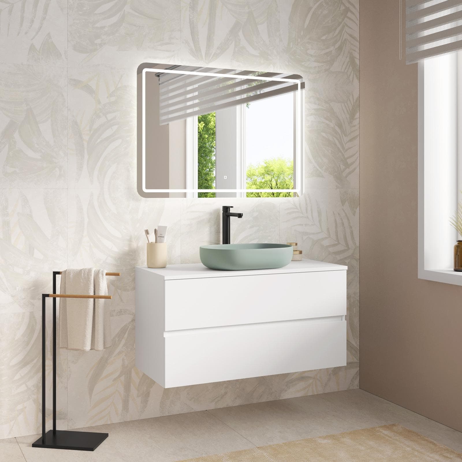 Mobile bagno portalavabo sospeso con cassetti 100 cm bianco opaco con specchio - Cuki