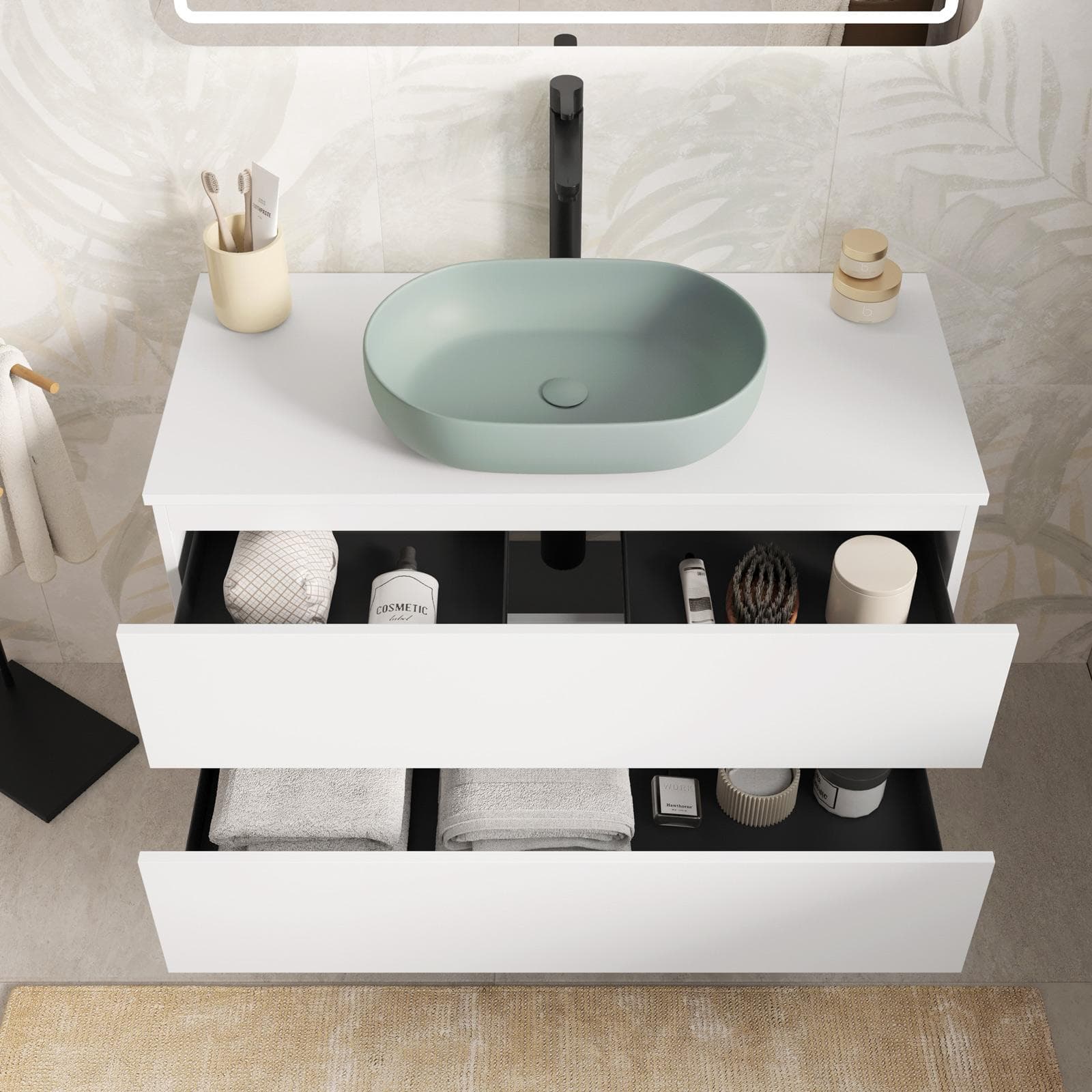 Mobile bagno portalavabo sospeso con cassetti 100 cm bianco opaco con specchio - Cuki