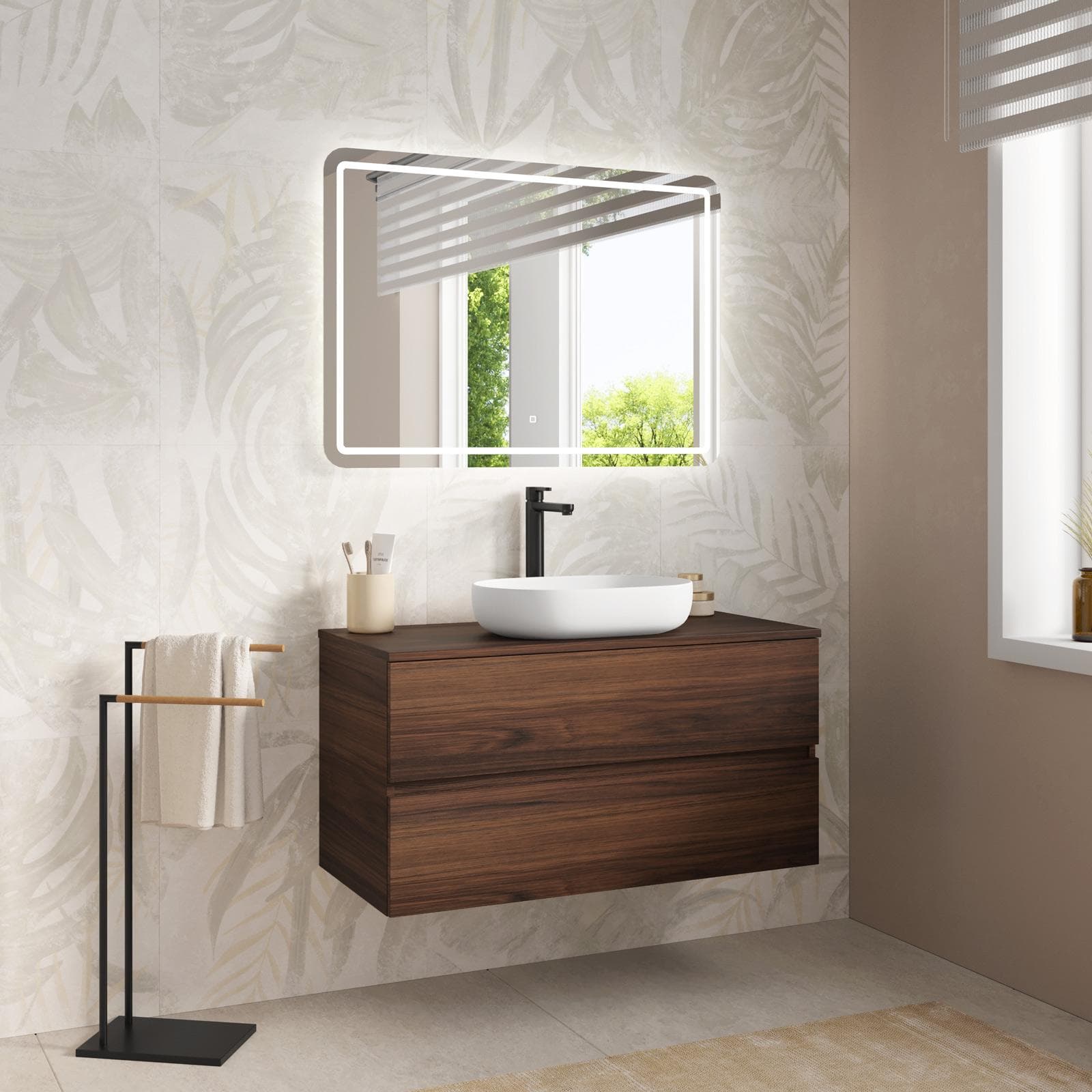 Mobile bagno portalavabo sospeso con cassetti 100 cm rovere deciso con specchio - Cuki