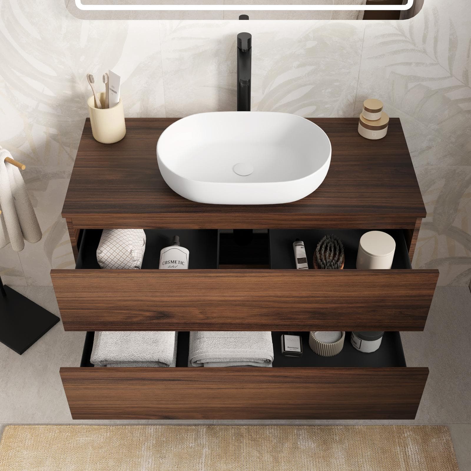 Mobile bagno portalavabo sospeso con cassetti 100 cm rovere deciso con specchio - Cuki