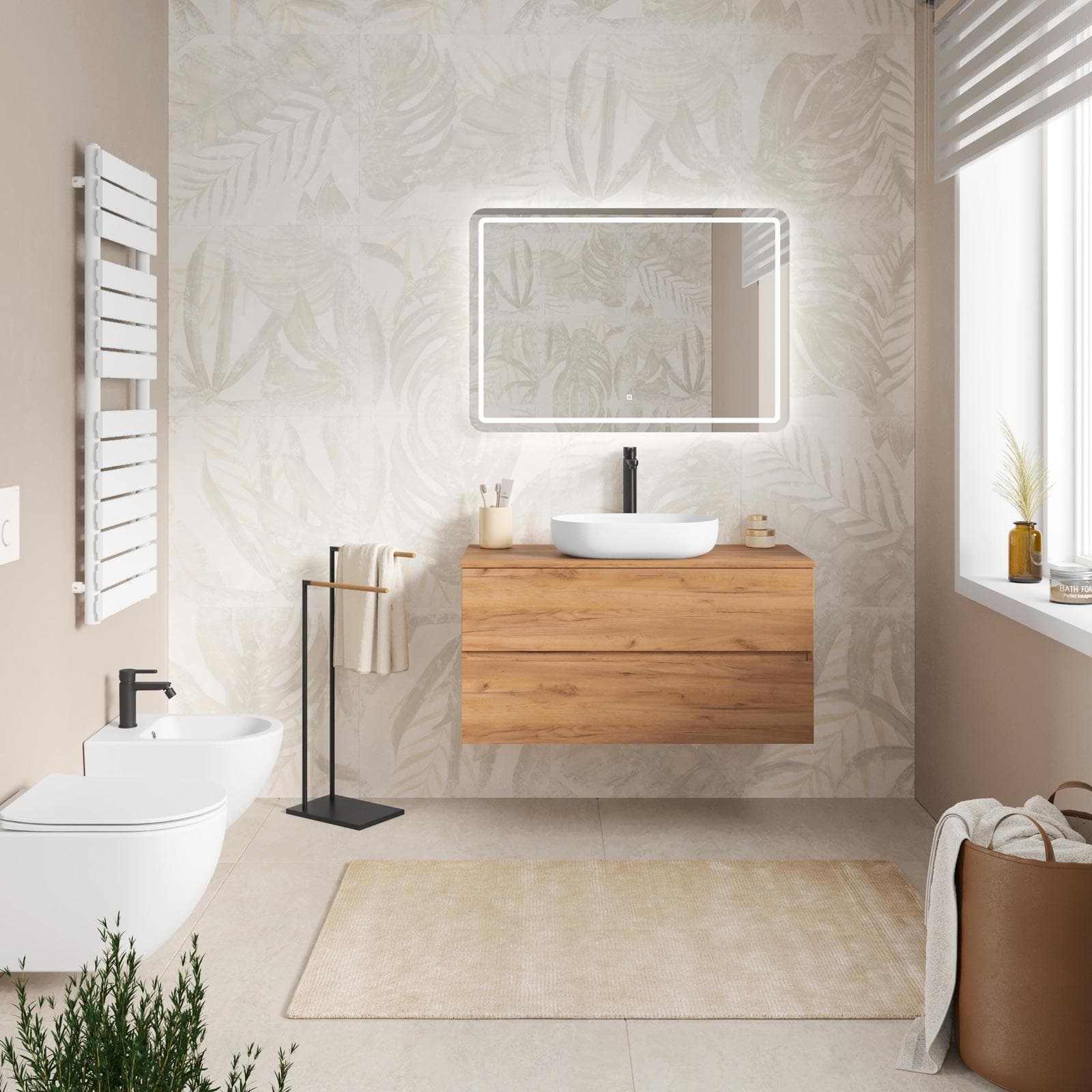 Mobile bagno portalavabo sospeso con cassetti 100 cm rovere gold con specchio - Cuki