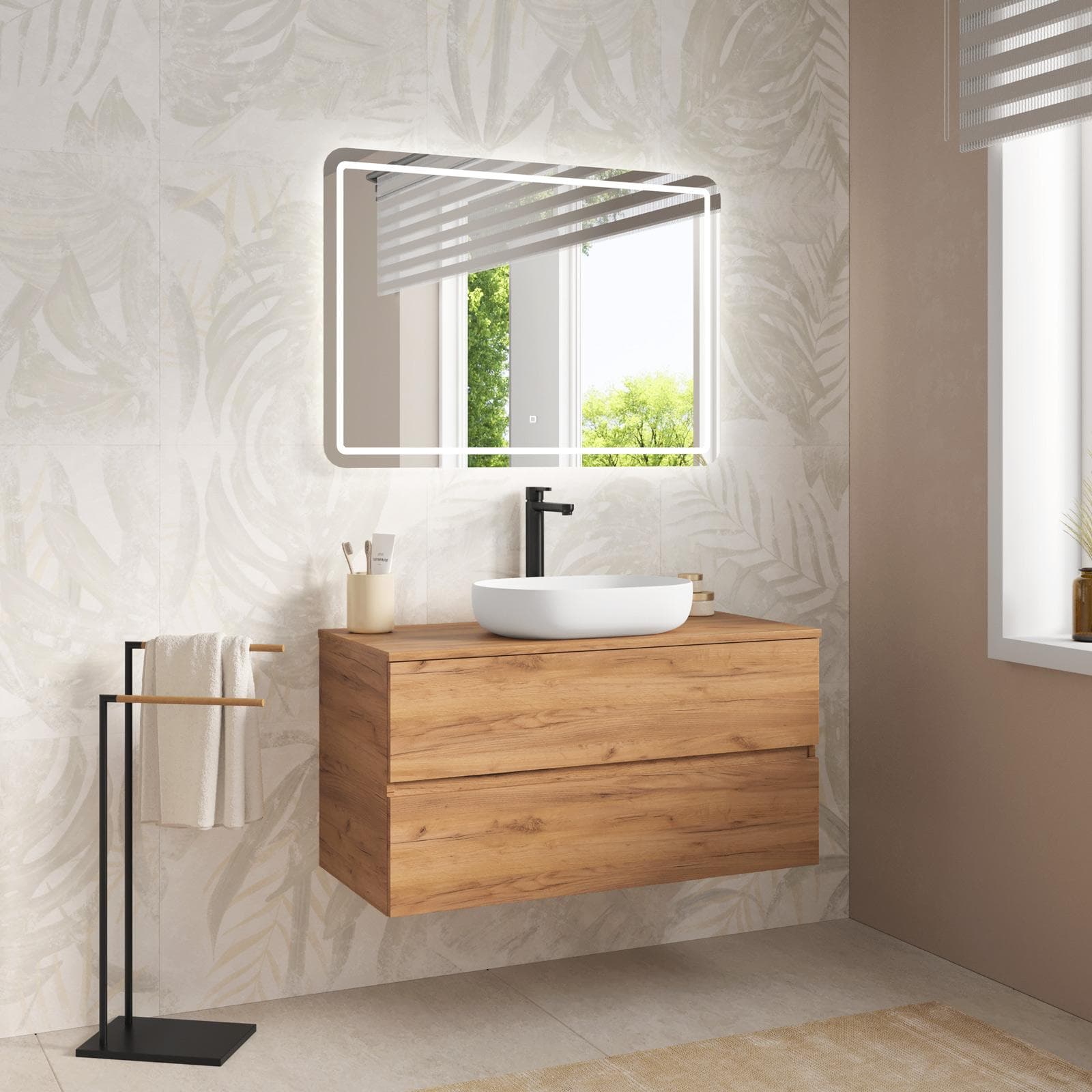 Mobile bagno portalavabo sospeso con cassetti 100 cm rovere gold con specchio - Cuki