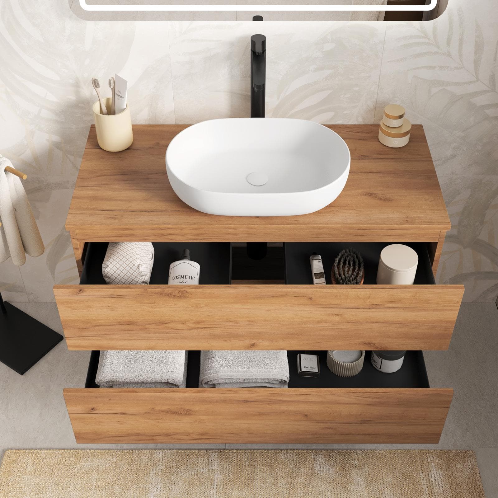 Mobile bagno portalavabo sospeso con cassetti 100 cm rovere gold con specchio - Cuki