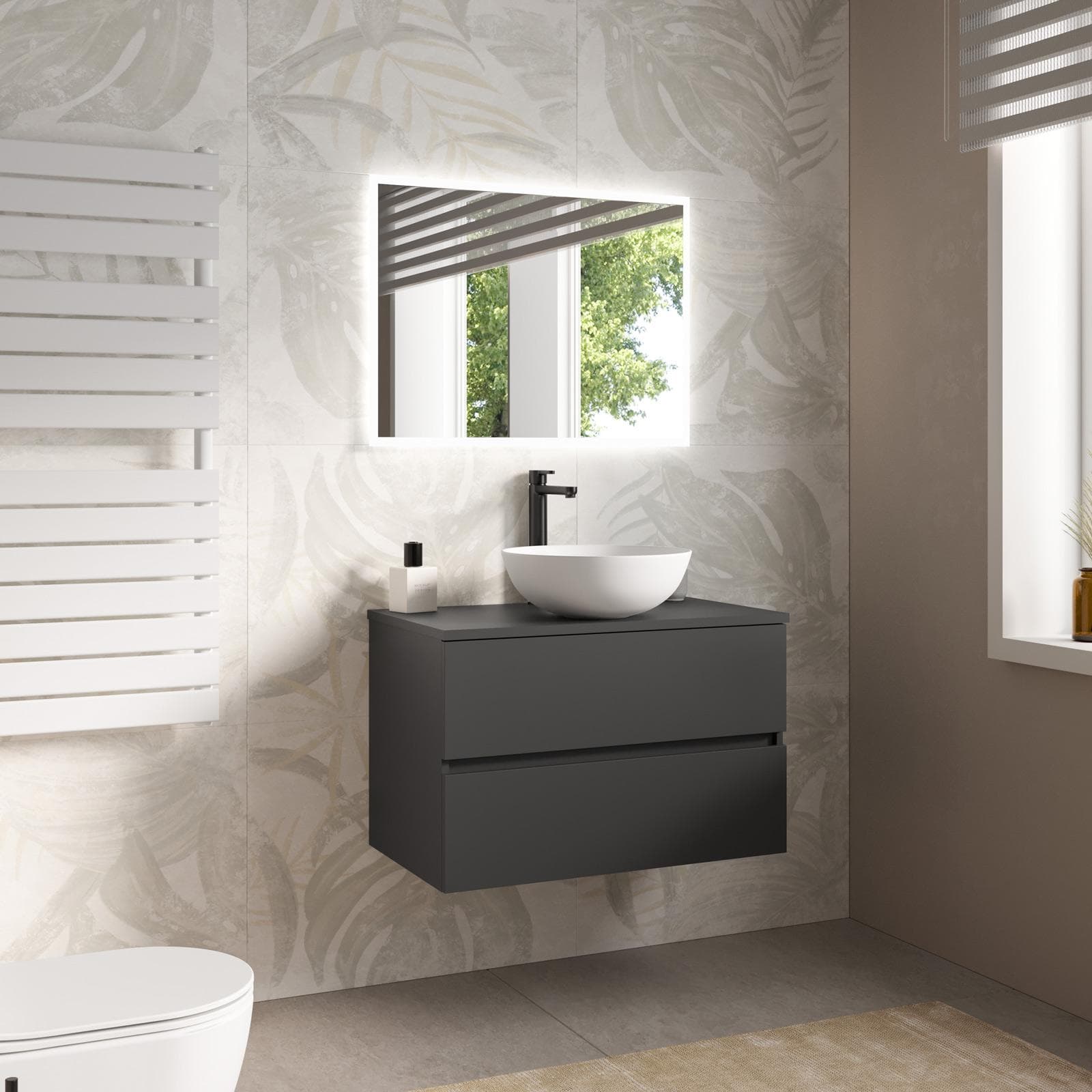 Mobile bagno portalavabo sospeso con cassetti 80 cm antracite e specchio - Cuki