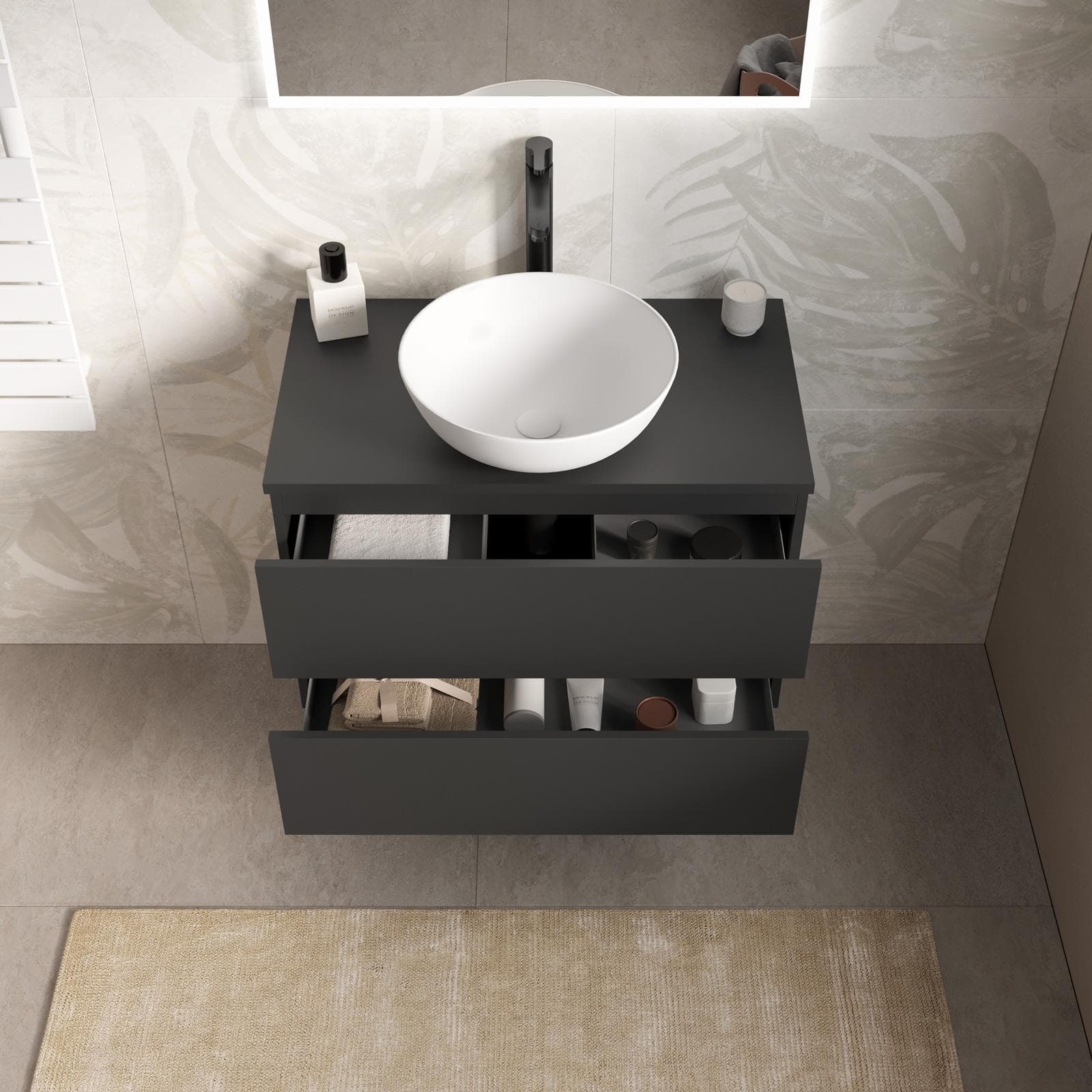 Mobile bagno portalavabo sospeso con cassetti 80 cm antracite e specchio - Cuki