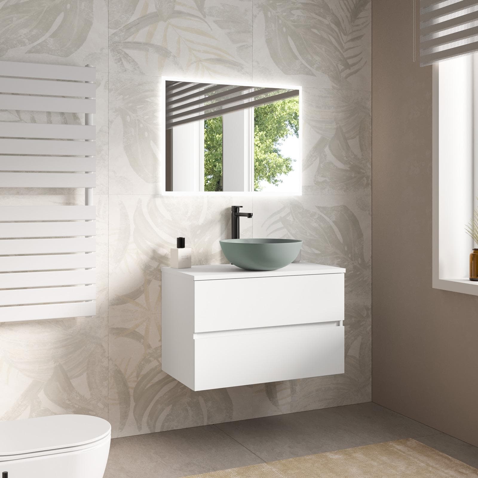 Mobile bagno portalavabo sospeso con cassetti 80 cm bianco opaco e specchio - Cuki