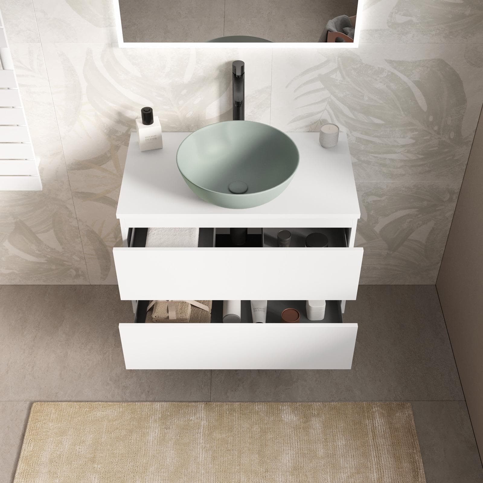 Mobile bagno portalavabo sospeso con cassetti 80 cm bianco opaco e specchio - Cuki