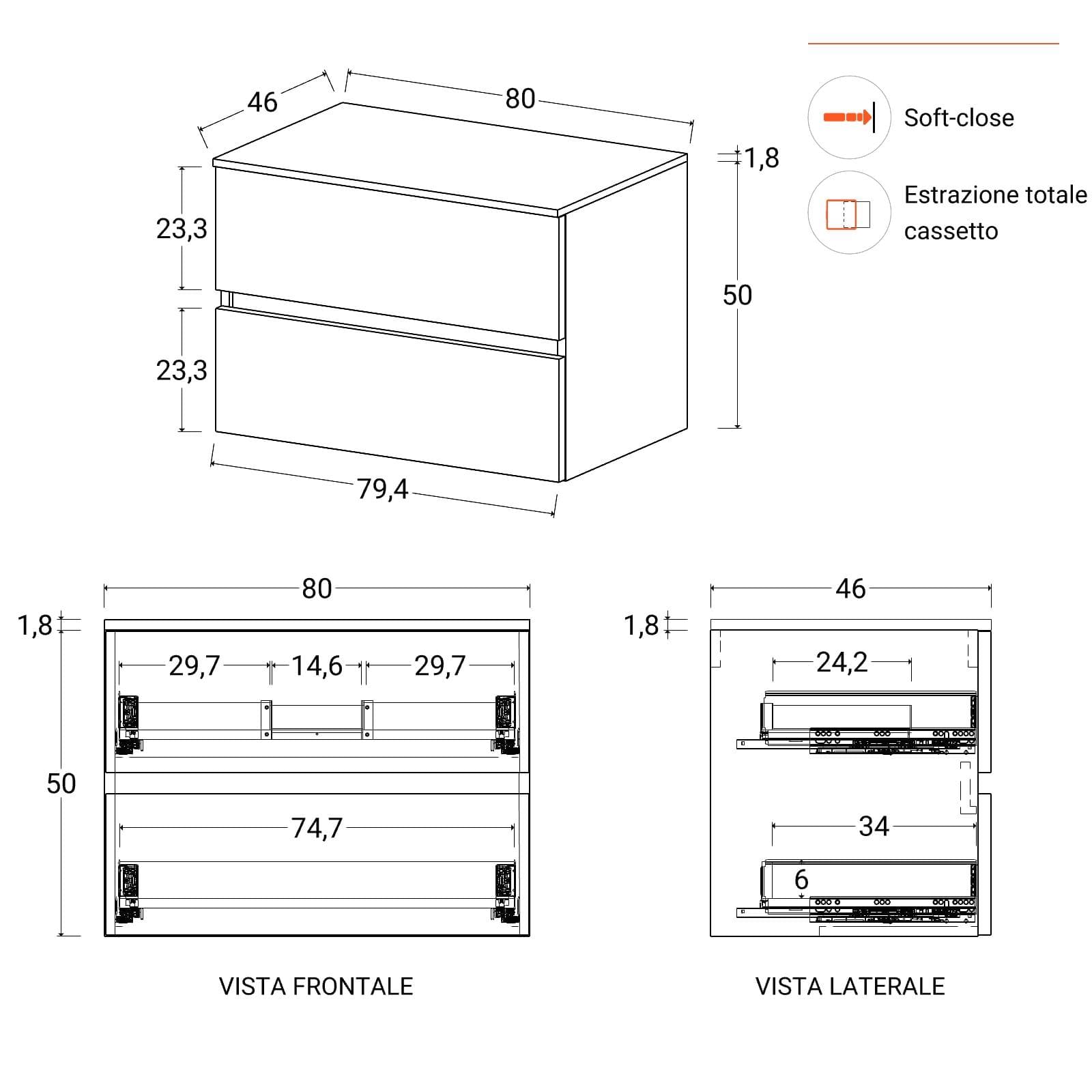 Mobile bagno portalavabo sospeso con cassetti 80 cm bianco opaco e specchio - Cuki