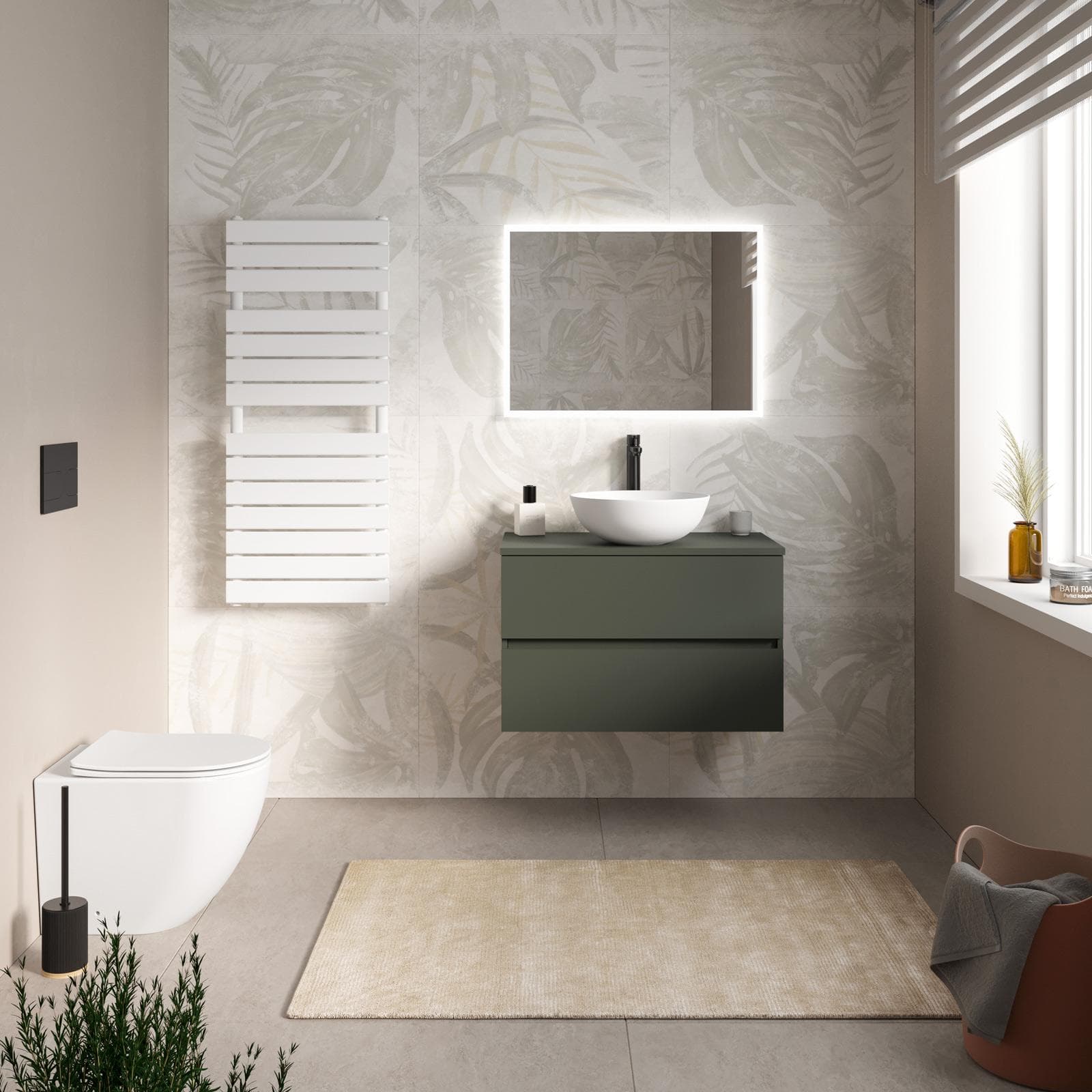 Mobile bagno portalavabo sospeso con cassetti 80 cm verde cemento e specchio - Cuki
