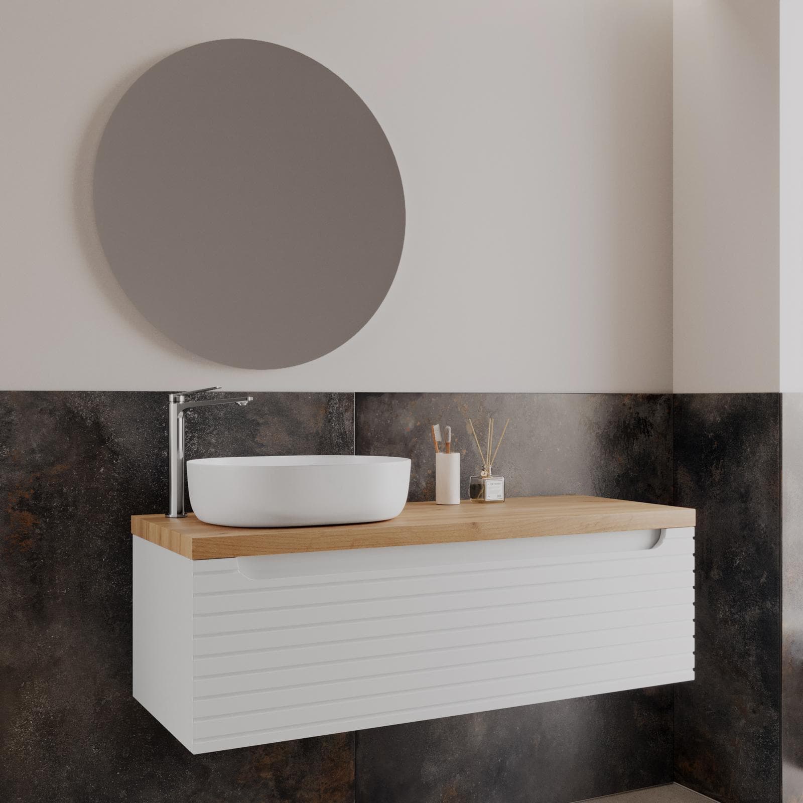Mobile bagno portalavabo sx 120 cm bianco opaco con top 3,8 h rovere gold e specchio - Deck