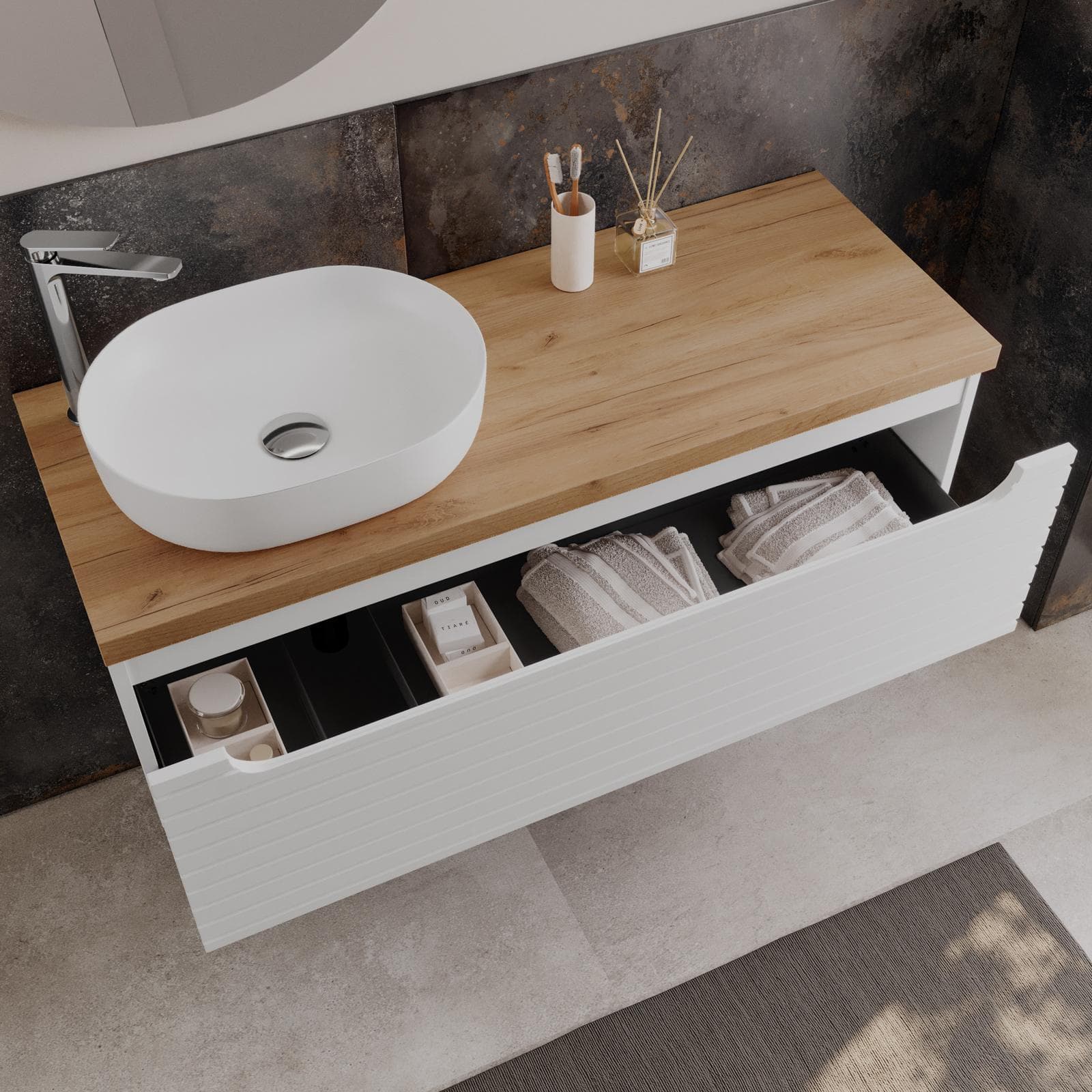 Mobile bagno portalavabo sx 120 cm bianco opaco con top 3,8 h rovere gold e specchio - Deck