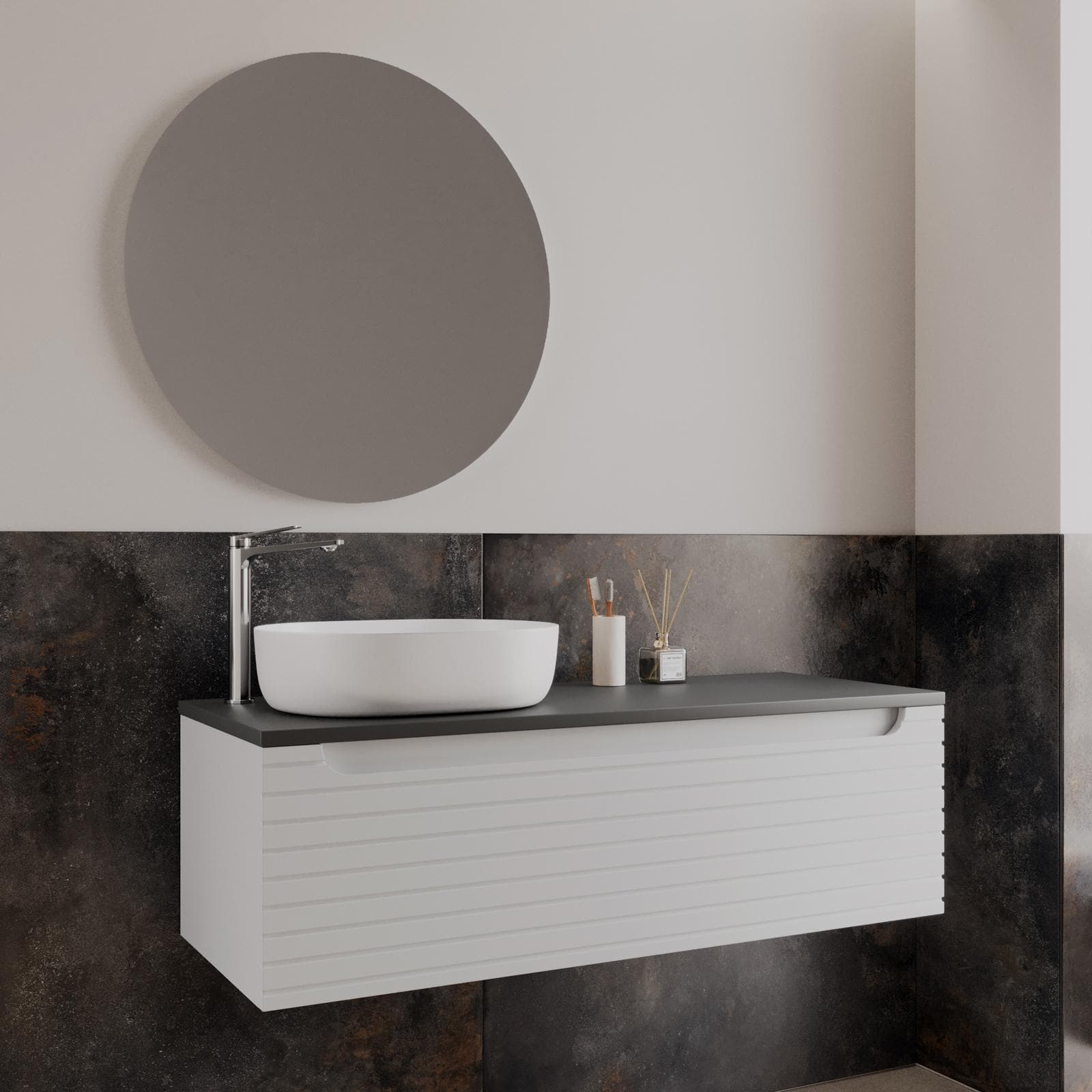 Mobile bagno portalavabo sx 120 cm bianco opaco con top antracite e specchio - Deck