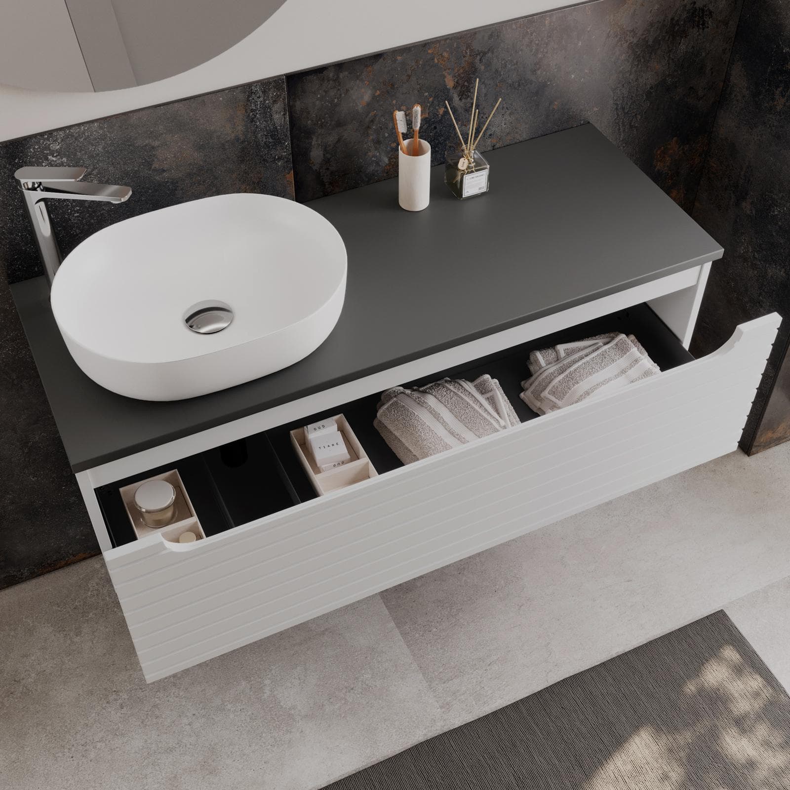 Mobile bagno portalavabo sx 120 cm bianco opaco con top antracite e specchio - Deck