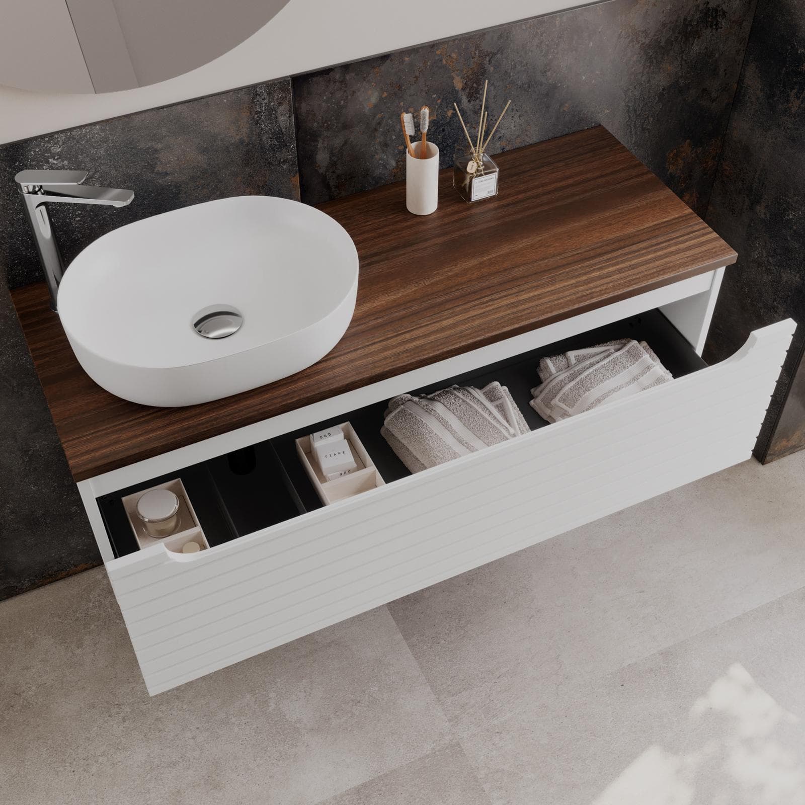 Mobile bagno portalavabo sx 120cm bianco opaco e top rovere deciso con specchio - Deck