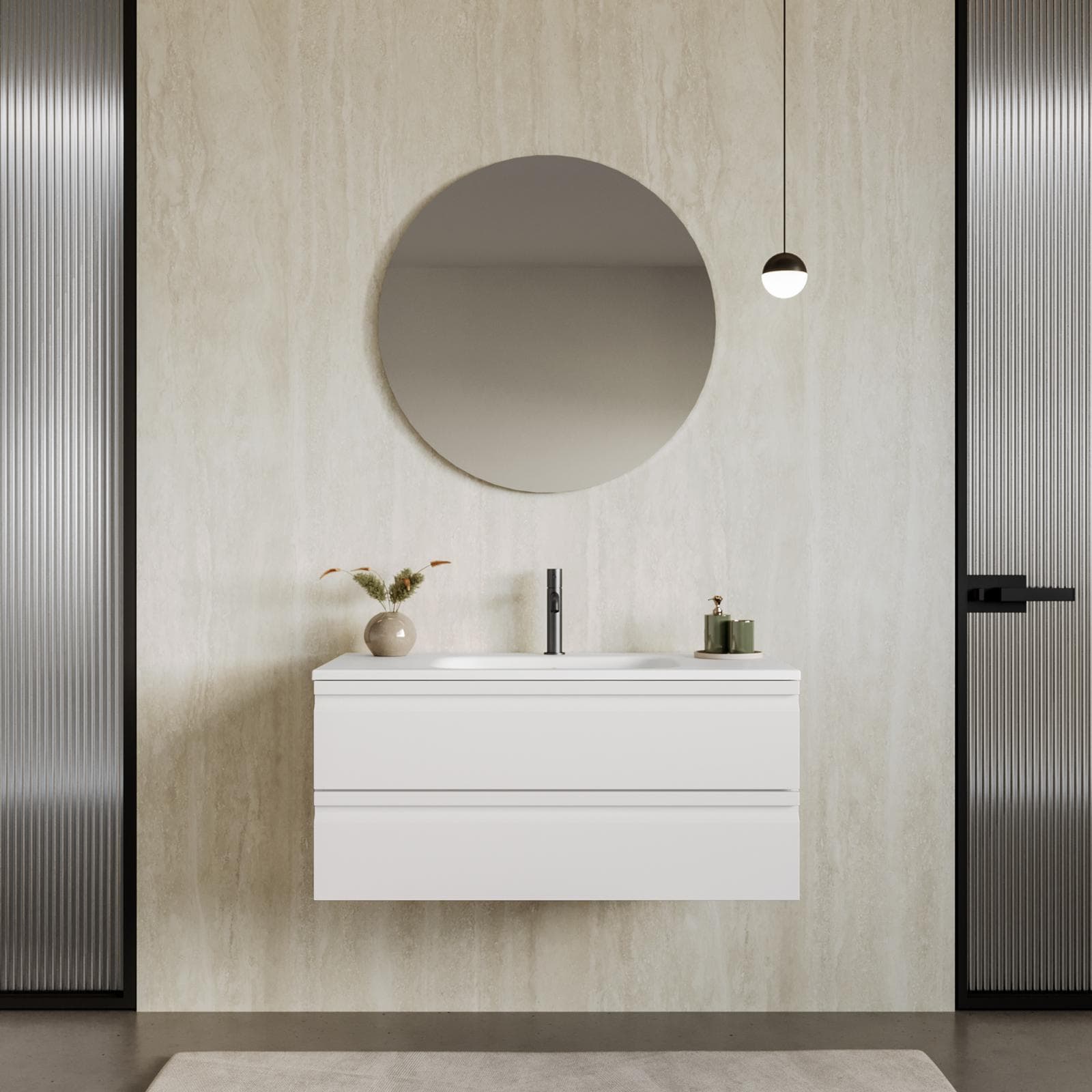 Mobile bagno sospeso 100x50 cm 2 cassetti bianco opaco con lavabo e specchio - Edgard