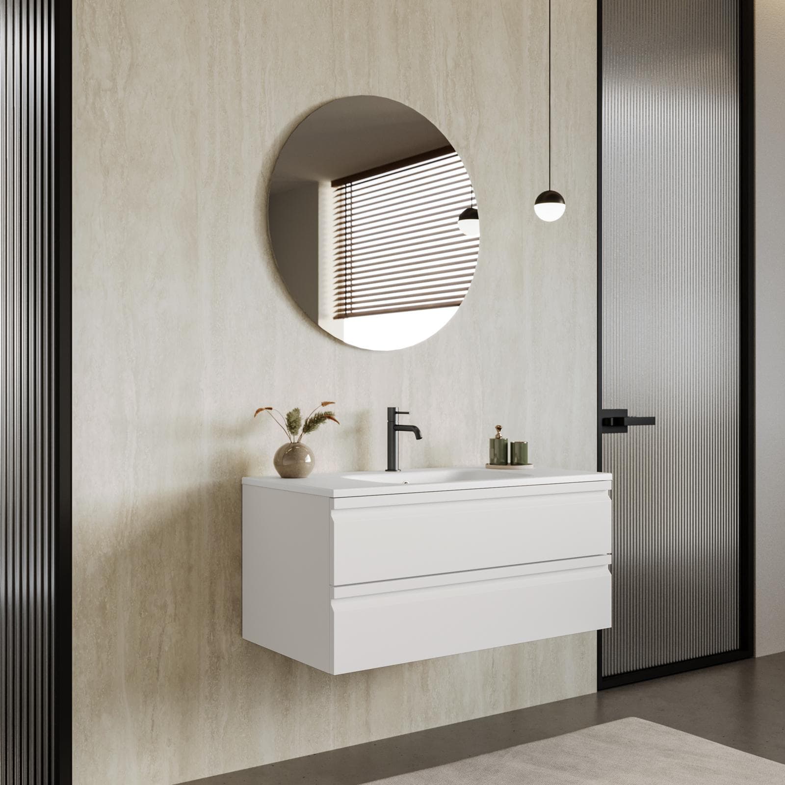 Mobile bagno sospeso 100x50 cm 2 cassetti bianco opaco con lavabo e specchio - Edgard
