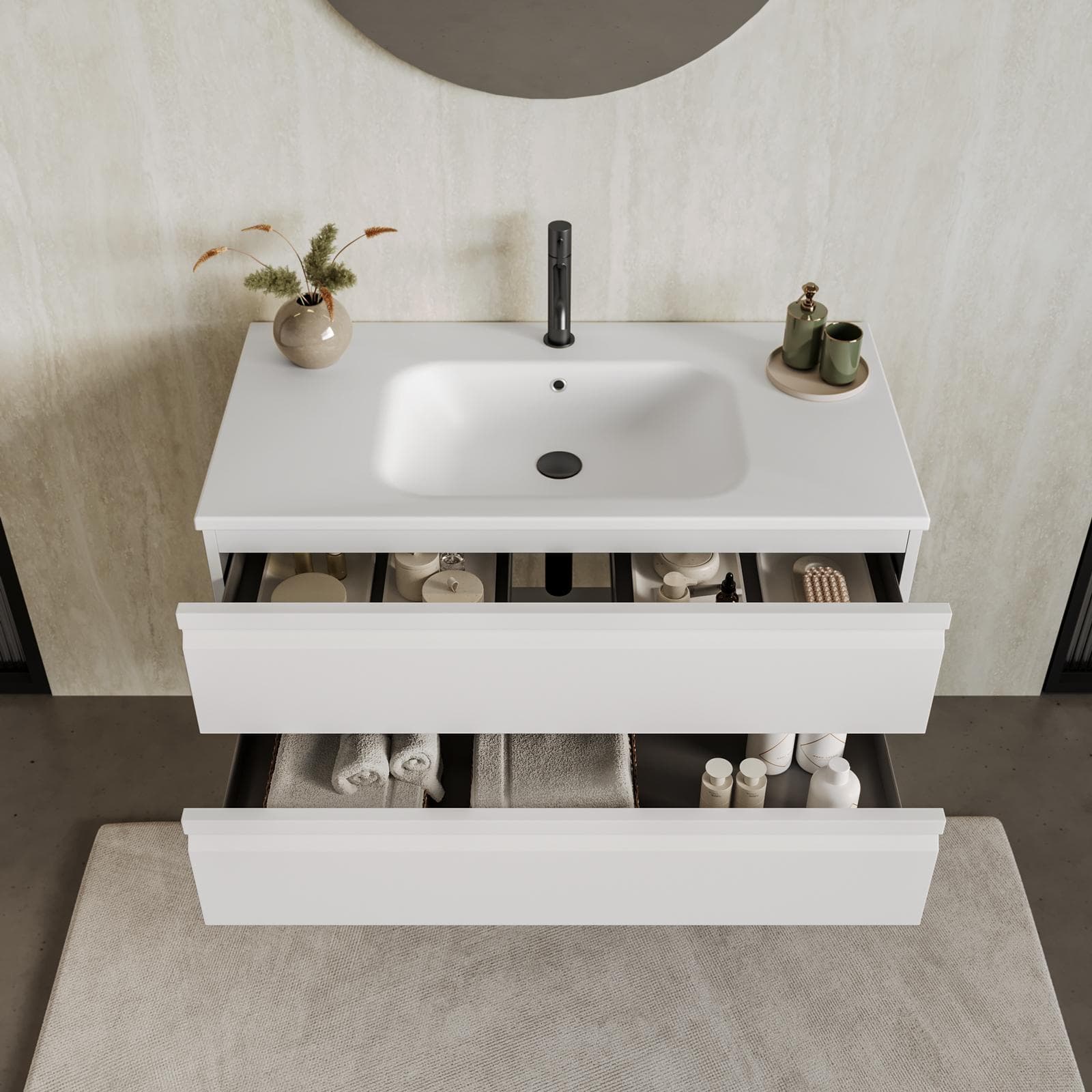Mobile bagno sospeso 100x50 cm 2 cassetti bianco opaco con lavabo e specchio - Edgard