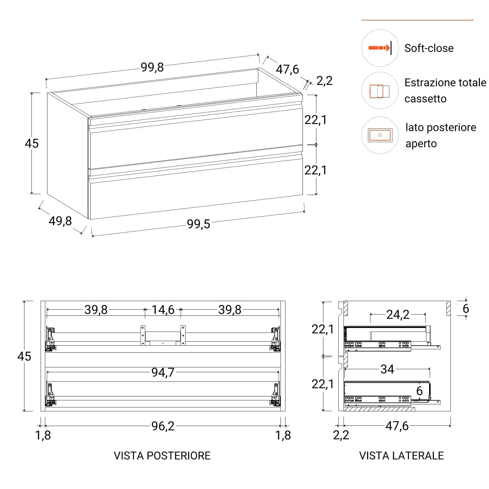 Mobile bagno sospeso 100x50 cm 2 cassetti bianco opaco con lavabo e specchio - Edgard