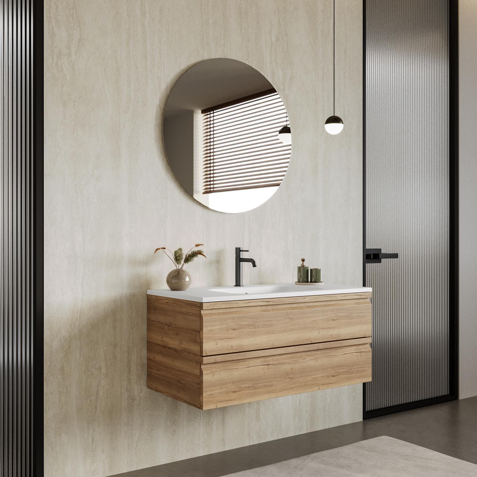 Mobile bagno sospeso 100x50 cm 2 cassetti rovere acero con lavabo e specchio - Edgard