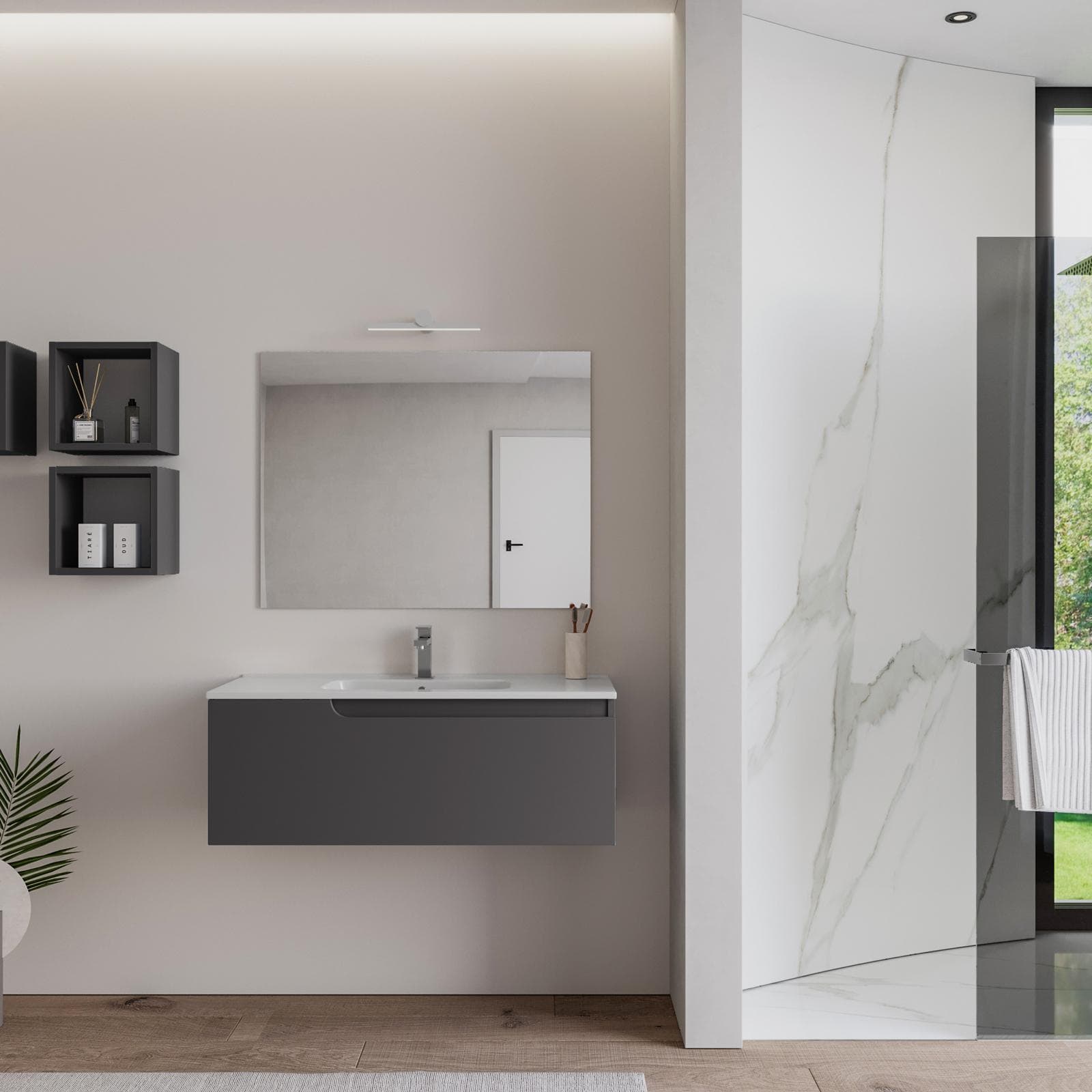 Mobile bagno sospeso 100 cm antracite con lavabo e specchio - Agave
