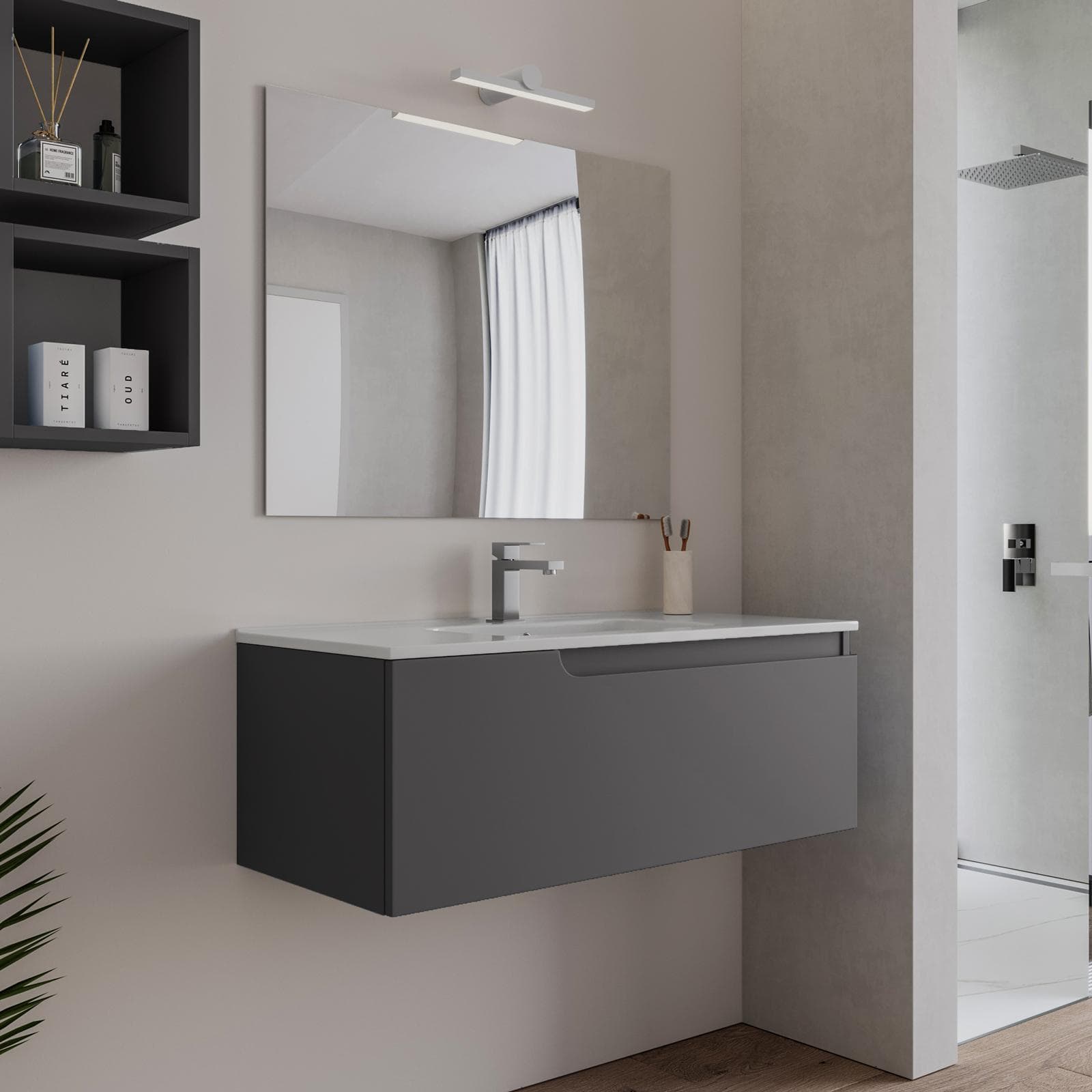 Mobile bagno sospeso 100 cm antracite con lavabo e specchio - Agave